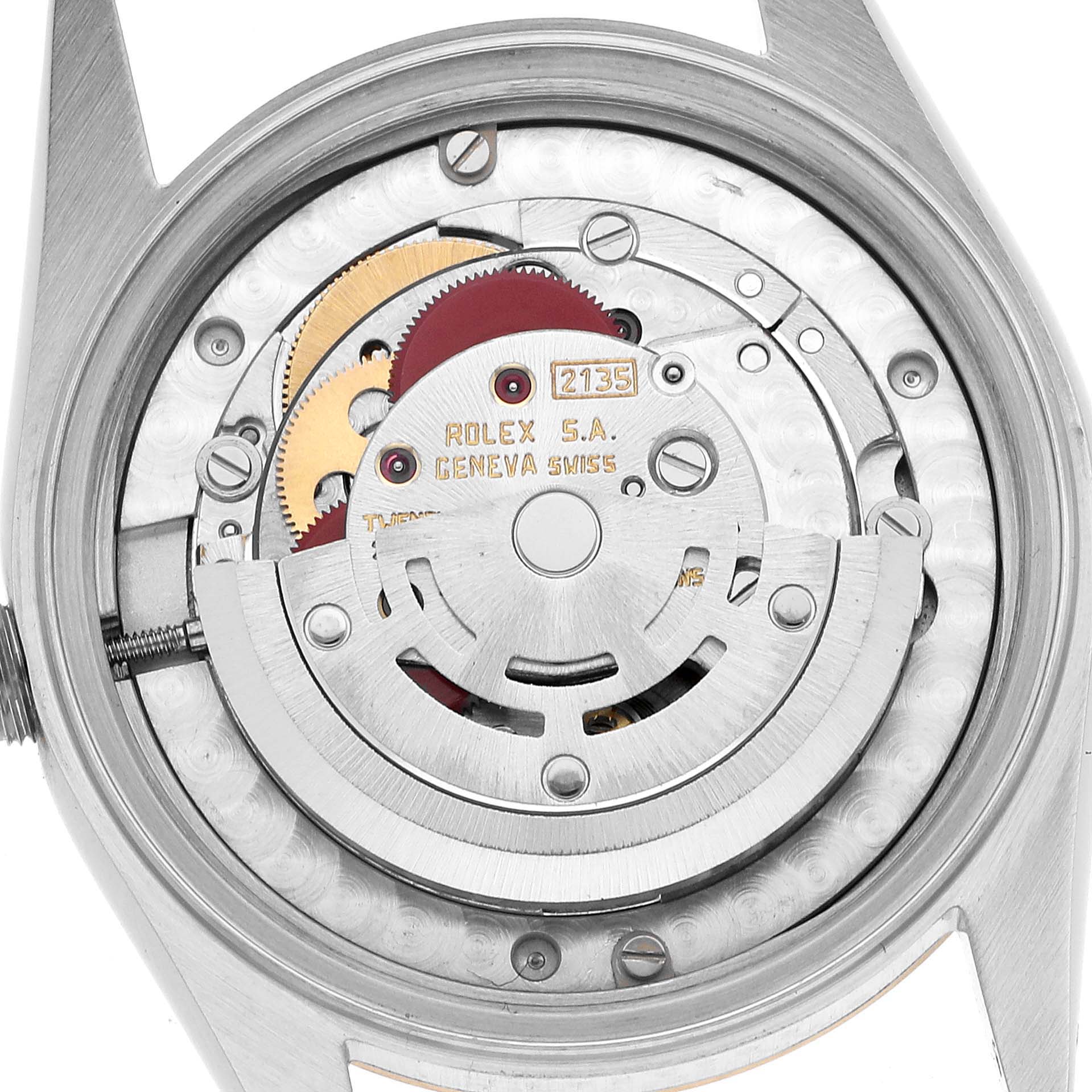 The image shows the movement of a Rolex Mid-Size 68273 Women's Steel and Gold (two tone) White Dial model, viewed from the back case with visible gears and rotor.