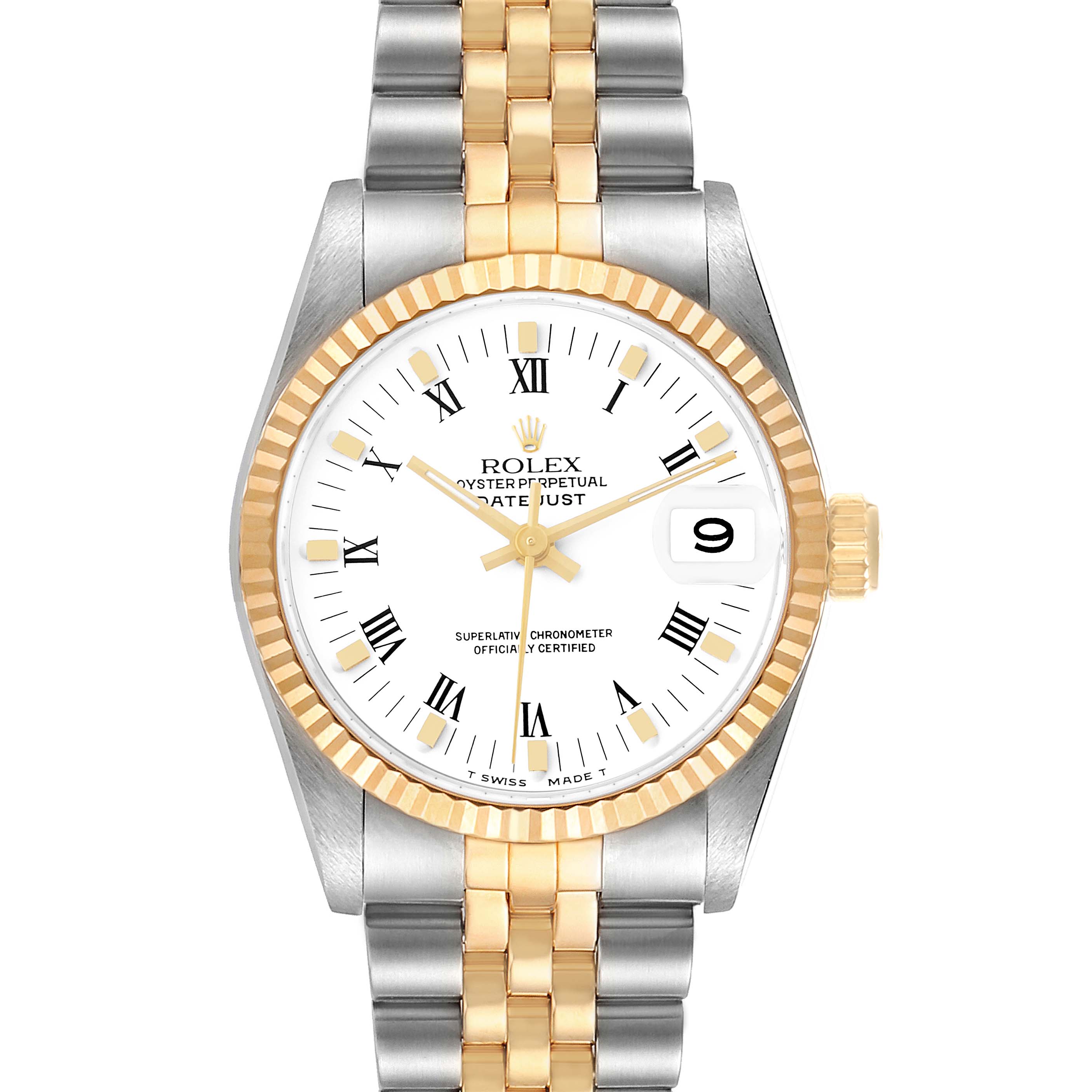 The Rolex Datejust Mid-Size watch is shown from the front, featuring its white dial, gold fluted bezel, and two-tone bracelet.