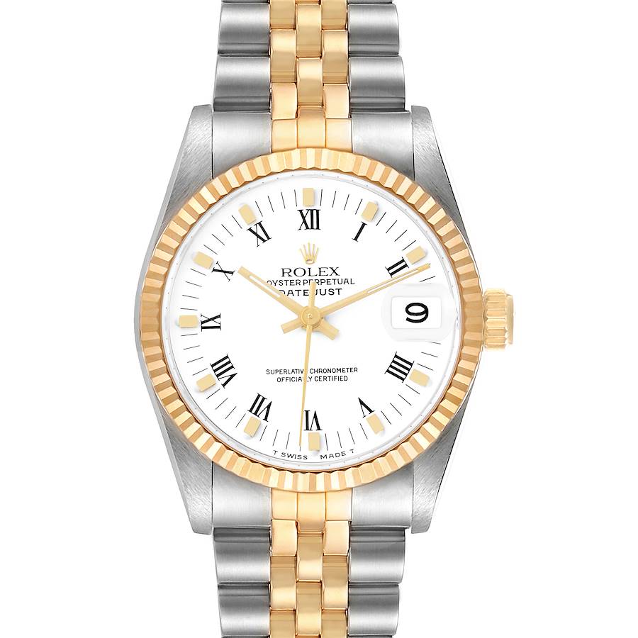 The Rolex Datejust Mid-Size watch is shown from the front, featuring its white dial, gold fluted bezel, and two-tone bracelet.