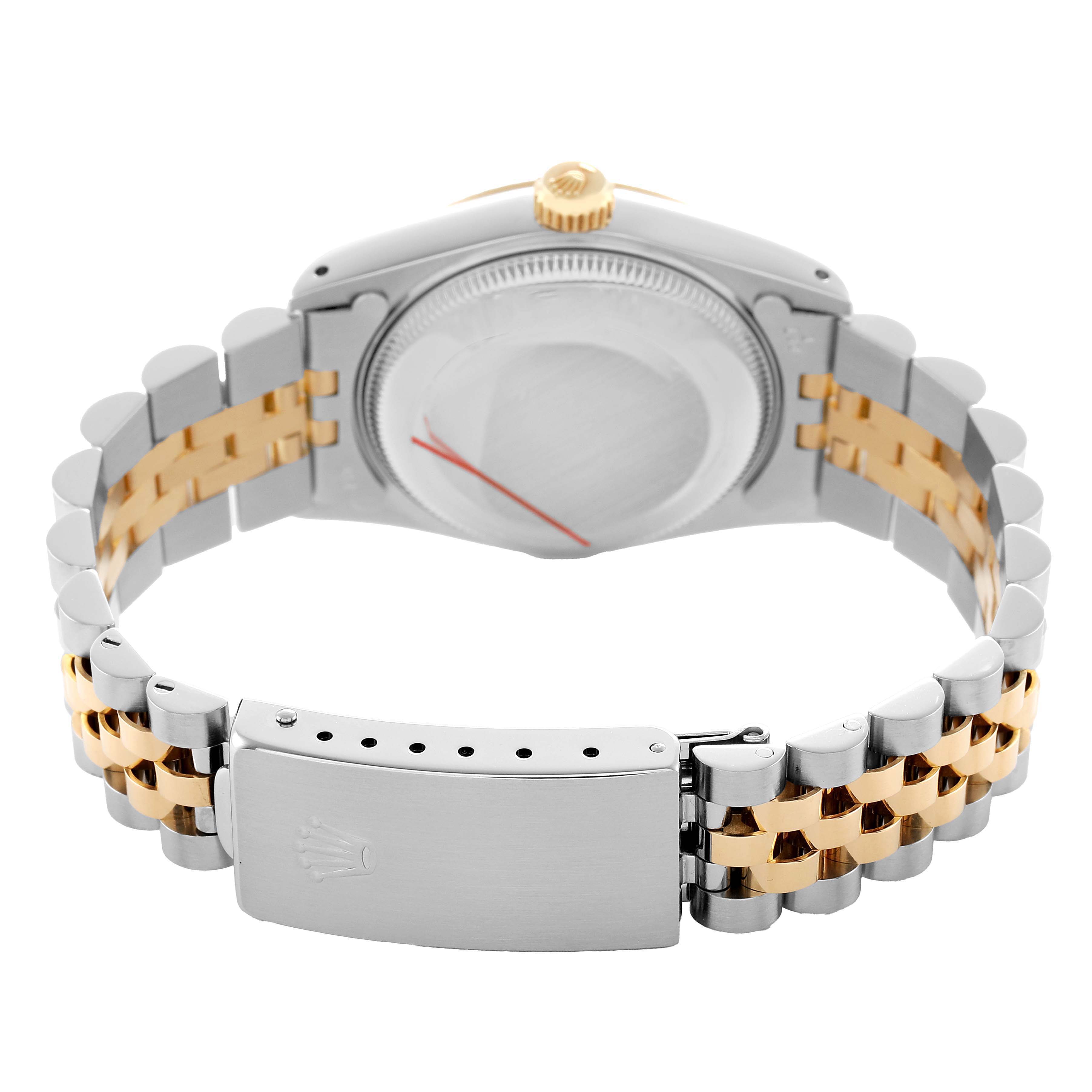 The image shows the back view of a Rolex Mid-Size 68273 Women's Steel and Gold (two tone) White Dial watch, highlighting the bracelet and clasp.
