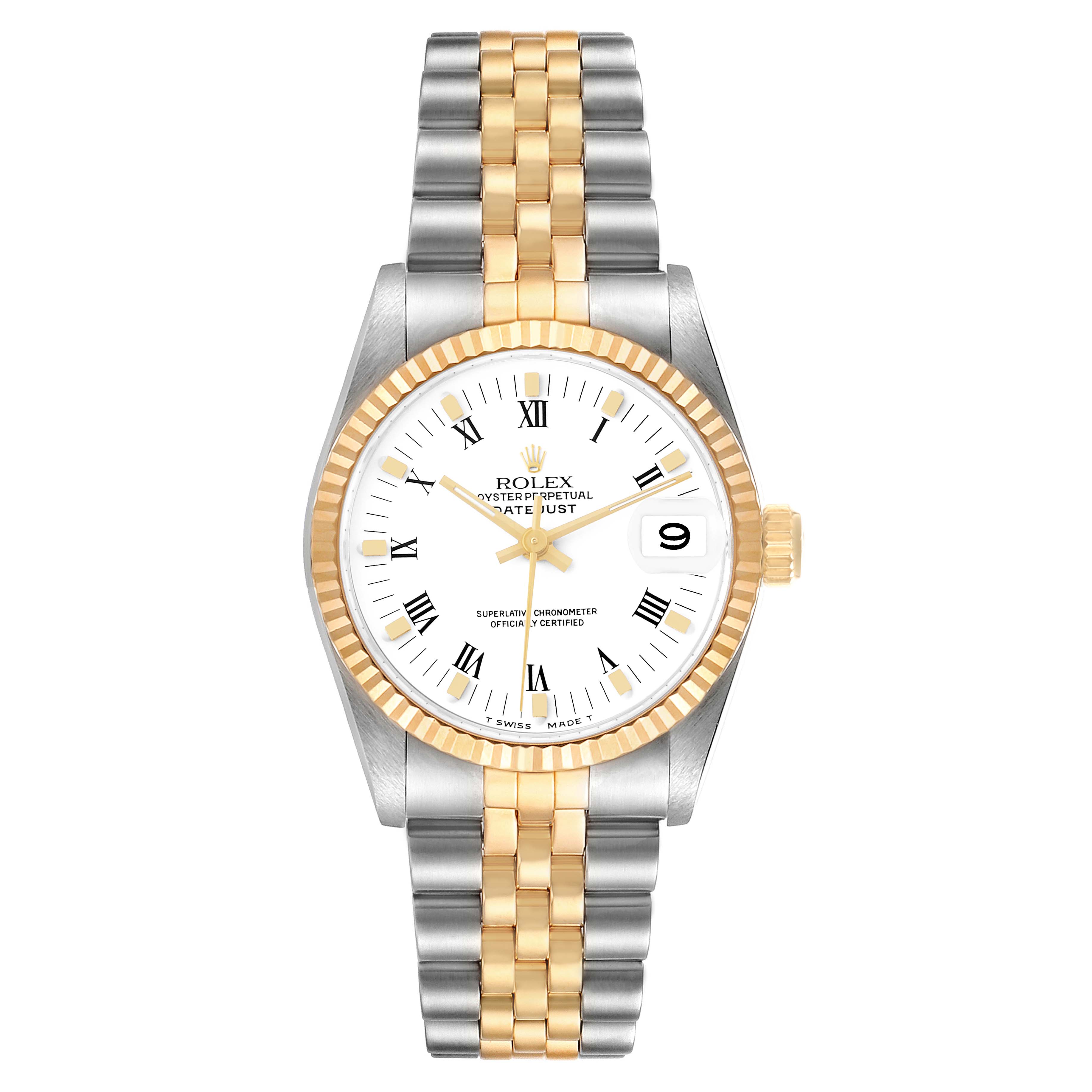 The Rolex Mid-Size 68273 Women's Steel and Gold (two tone) White Dial model is shown from a top view, displaying the dial, bezel, and two-tone bracelet.