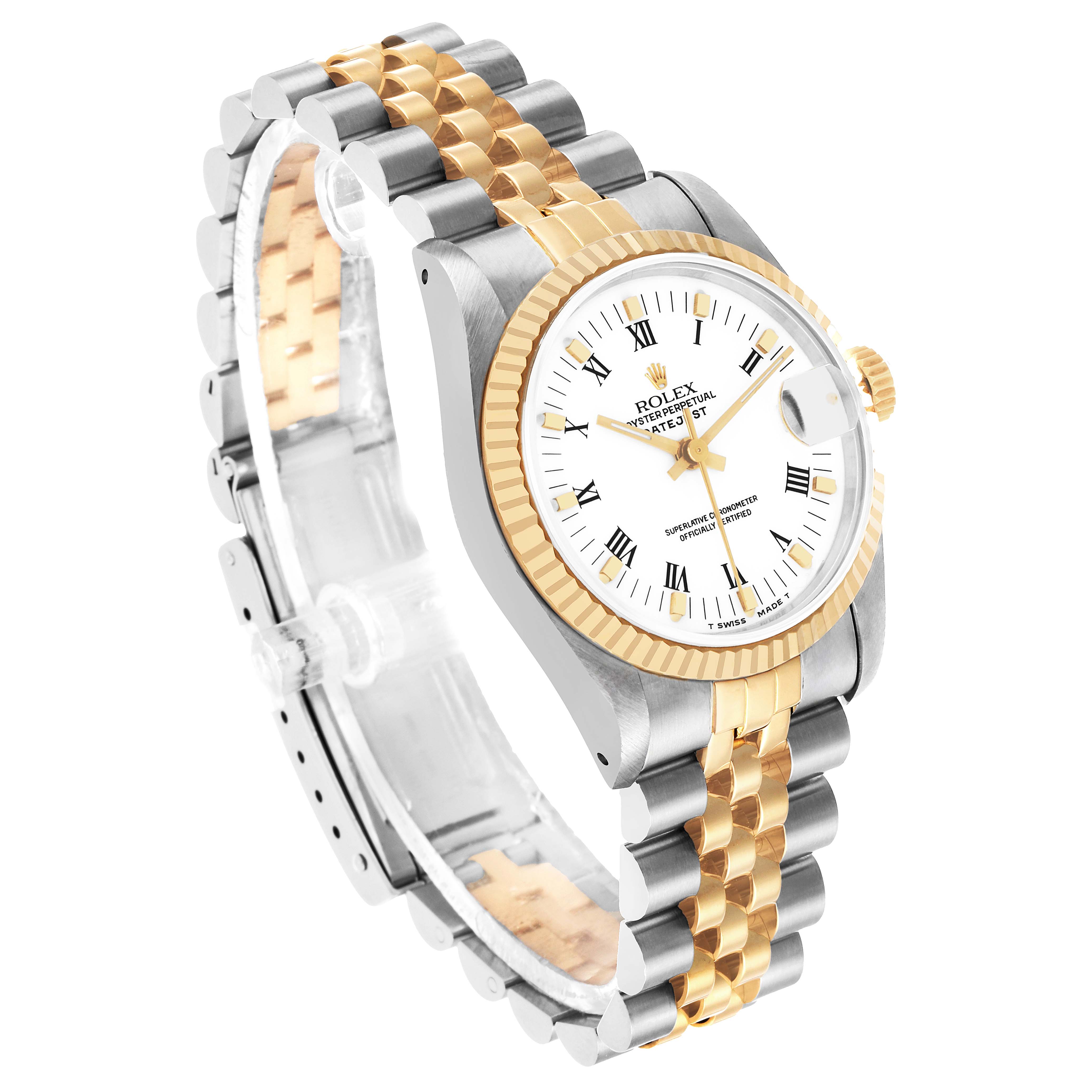 The Rolex Mid-Size 68273 Women's Steel and Gold (two tone) White Dial watch is shown at a three-quarter angle, displaying the face, crown, bezel, and jubilee bracelet.