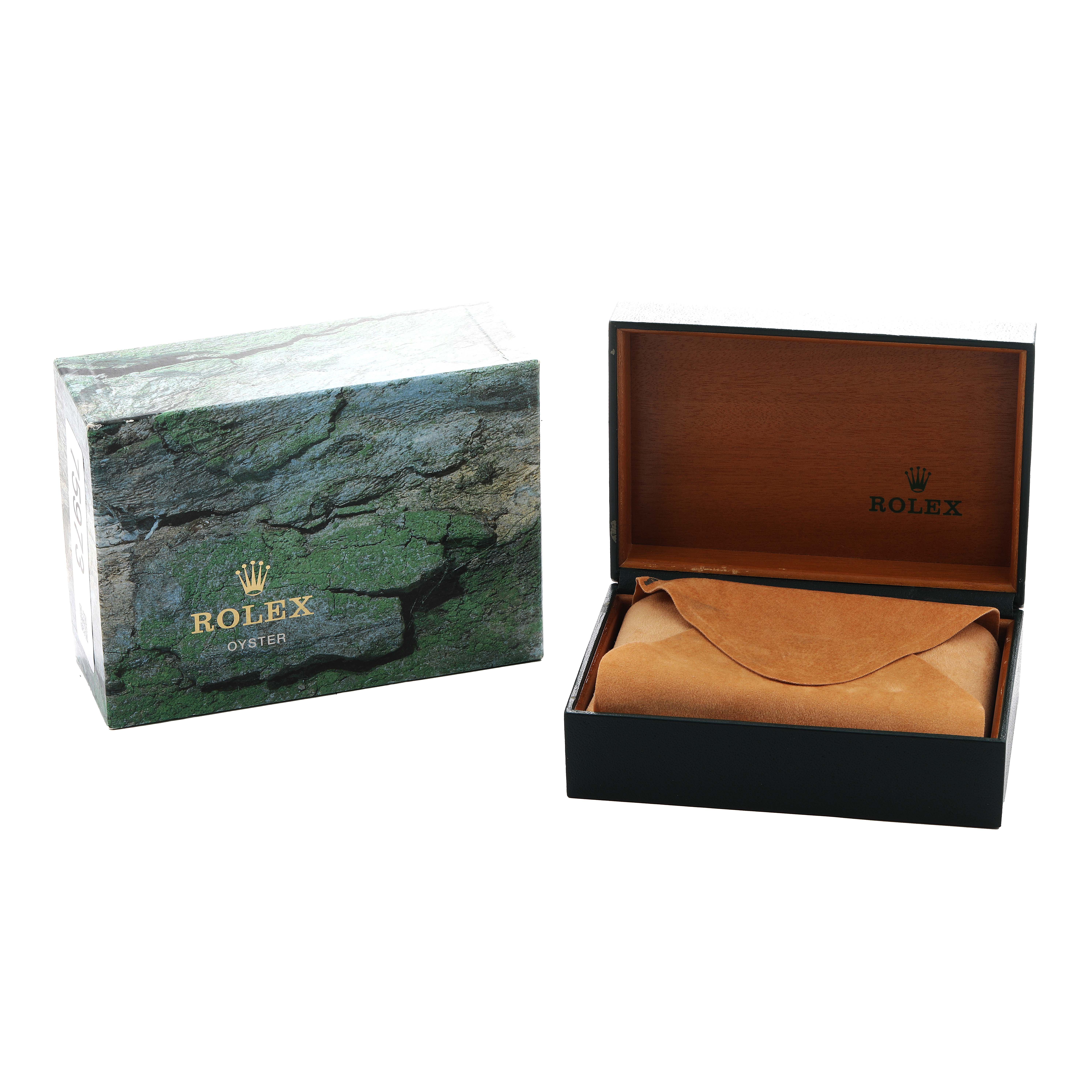 The image shows the Rolex Mid-Size 68273 Women's Steel and Gold (two tone) White Dial model box with an open leather pouch, viewed from a top angle.