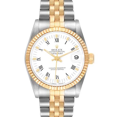 The Rolex Mid-Size 68273 Women's Steel and Gold (two tone) White Dial Datejust watch is shown from the front, displaying the dial, bezel, and bracelet.