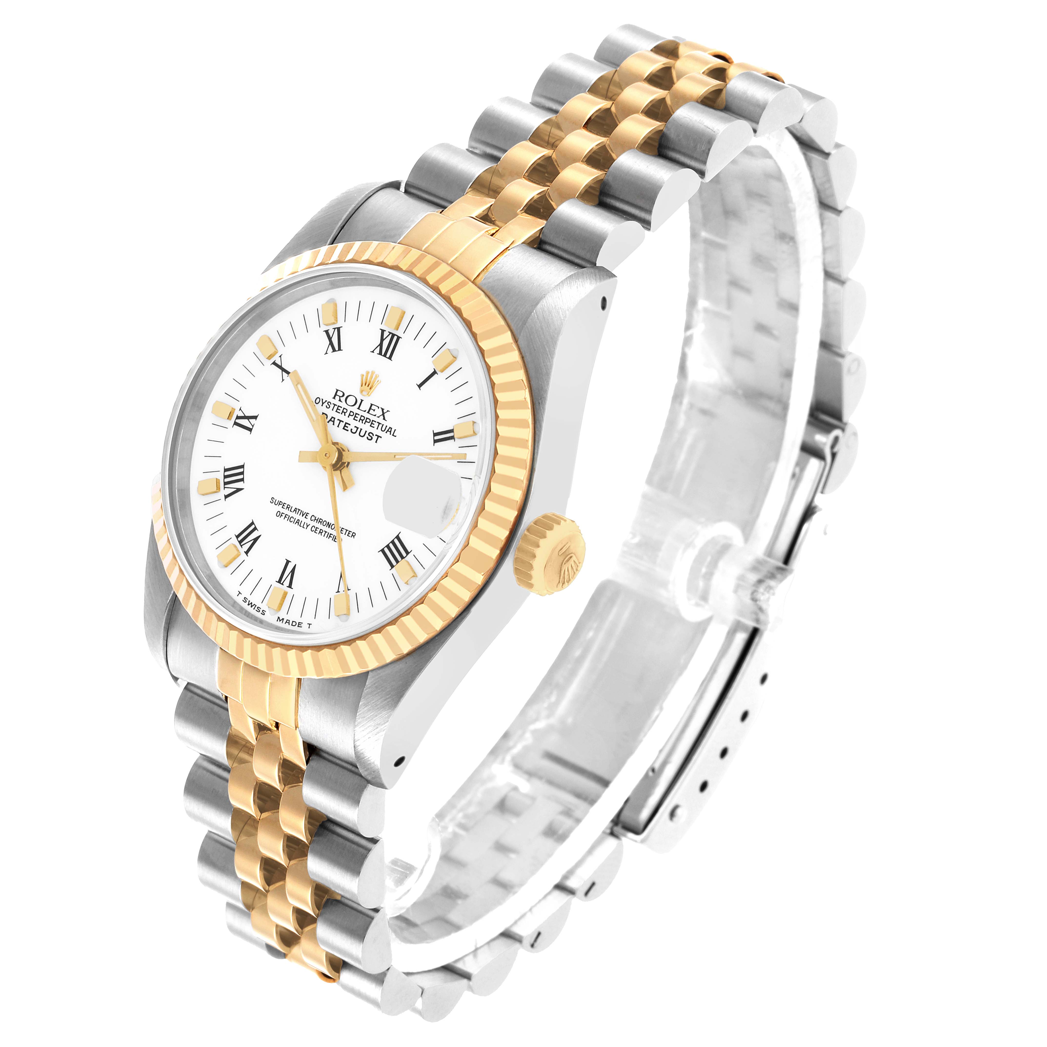 The Rolex Mid-Size 68273 Women's Steel and Gold (two tone) White Dial watch is shown at a three-quarter angle, highlighting the case, bezel, dial, and bracelet.