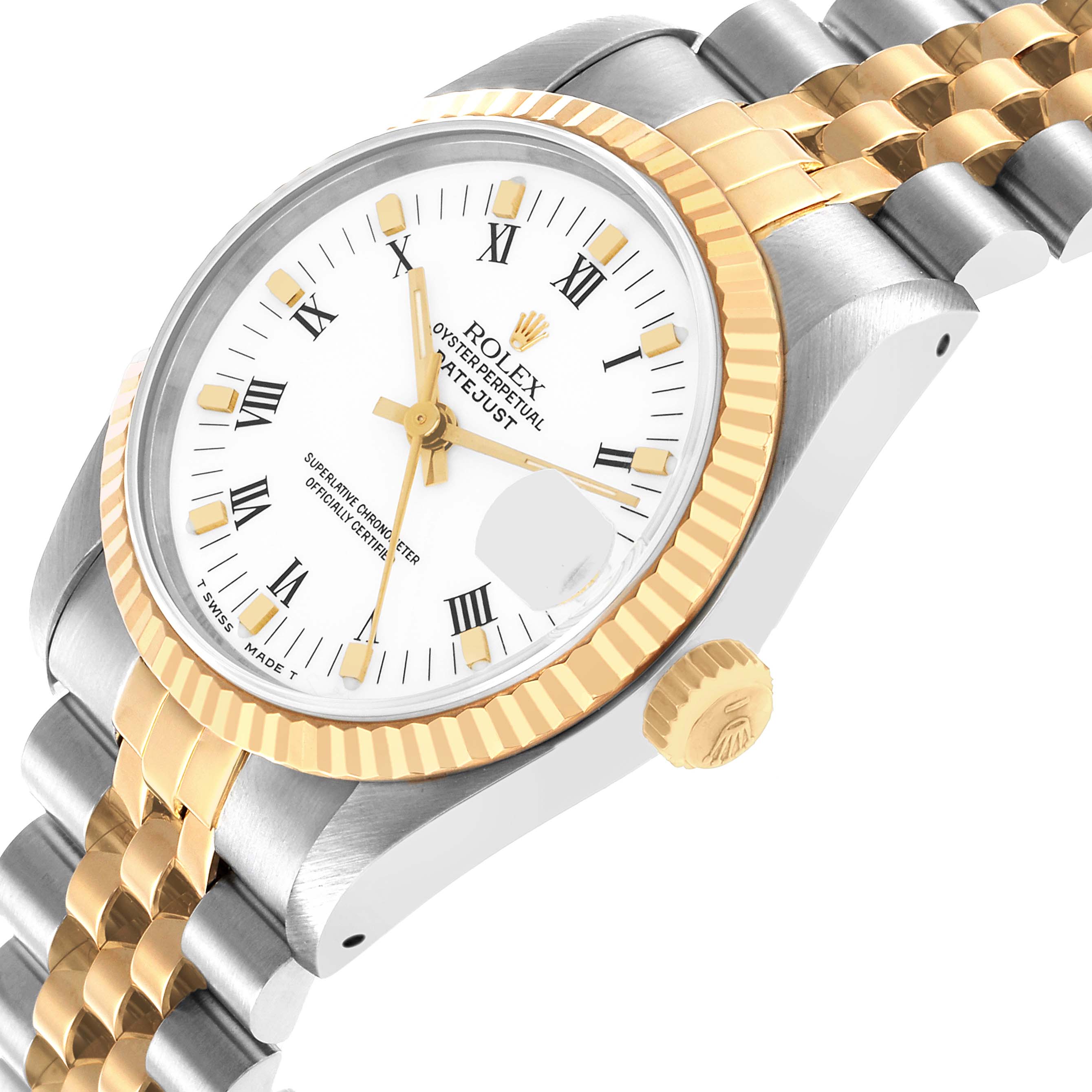 This Rolex Mid-Size 68273 Women's Steel and Gold (two tone) White Dial watch is shown at an oblique angle, highlighting the case, bezel, crown, and part of the bracelet.