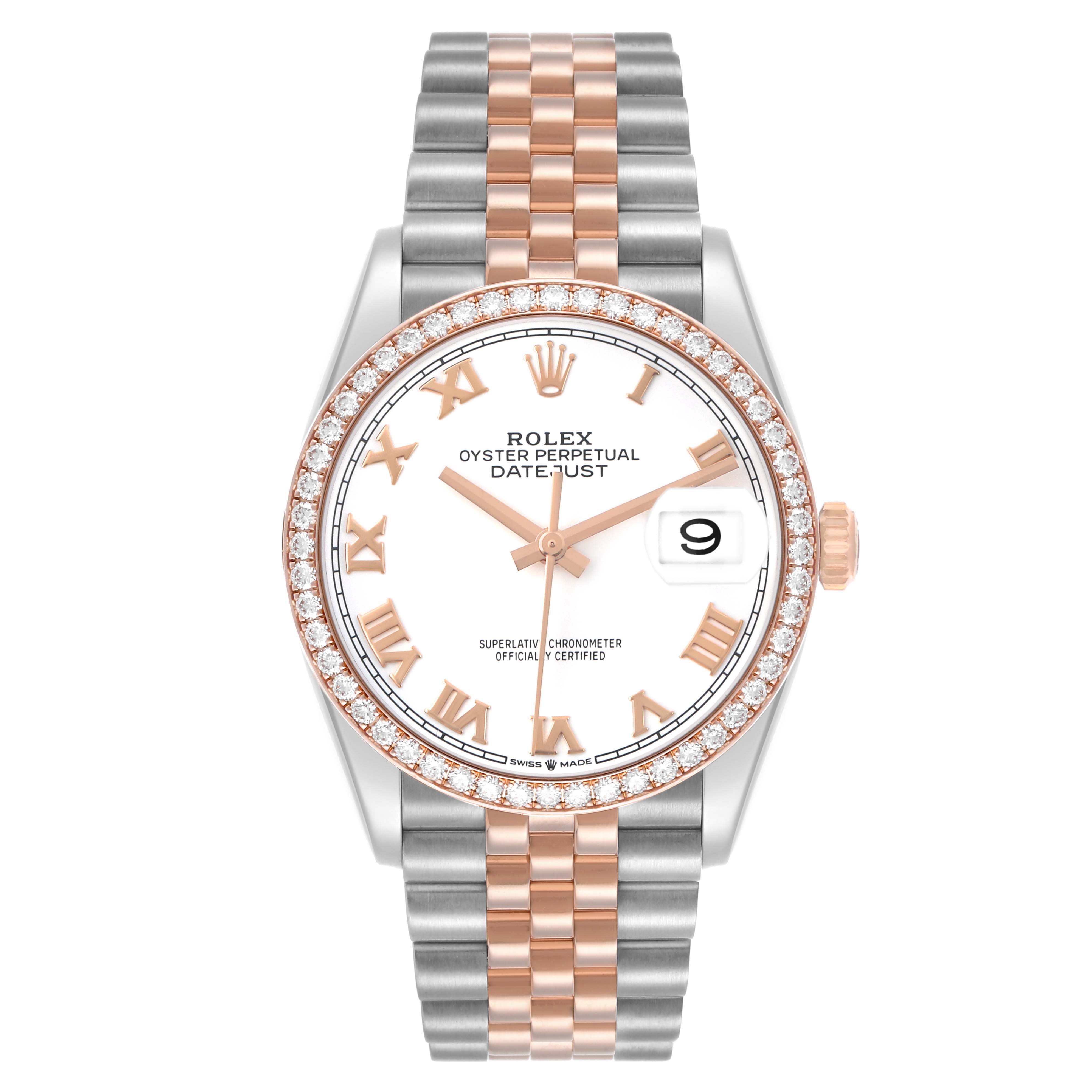 The Rolex Datejust 126281 Men's Steel and Gold (two tone) White Dial watch is shown from a front angle, displaying the dial, bezel, and two-tone bracelet.