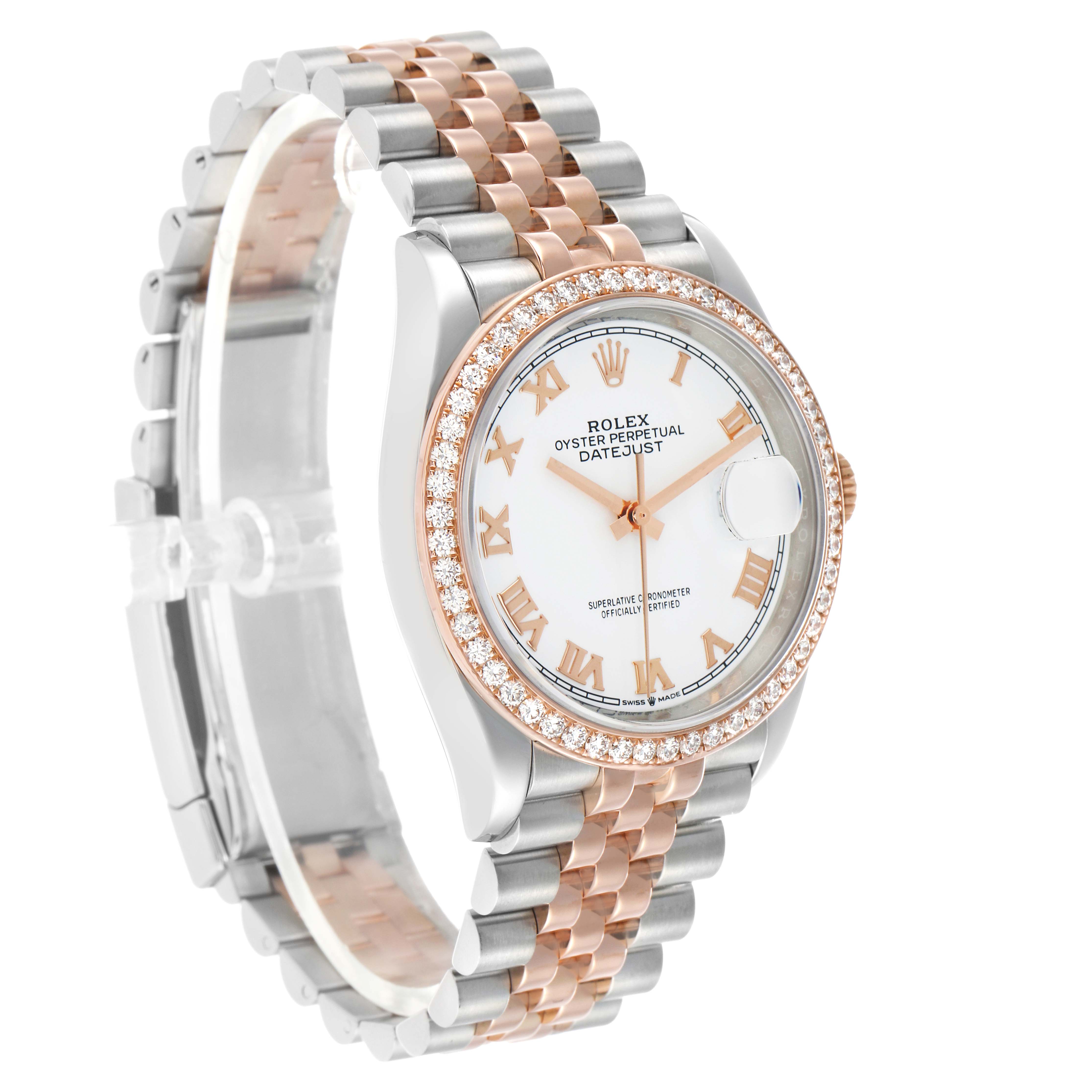 The Rolex Datejust 126281 Men's Steel and Gold (two tone) White Dial watch is shown at an oblique angle, highlighting the face, bezel, and Jubilee bracelet.
