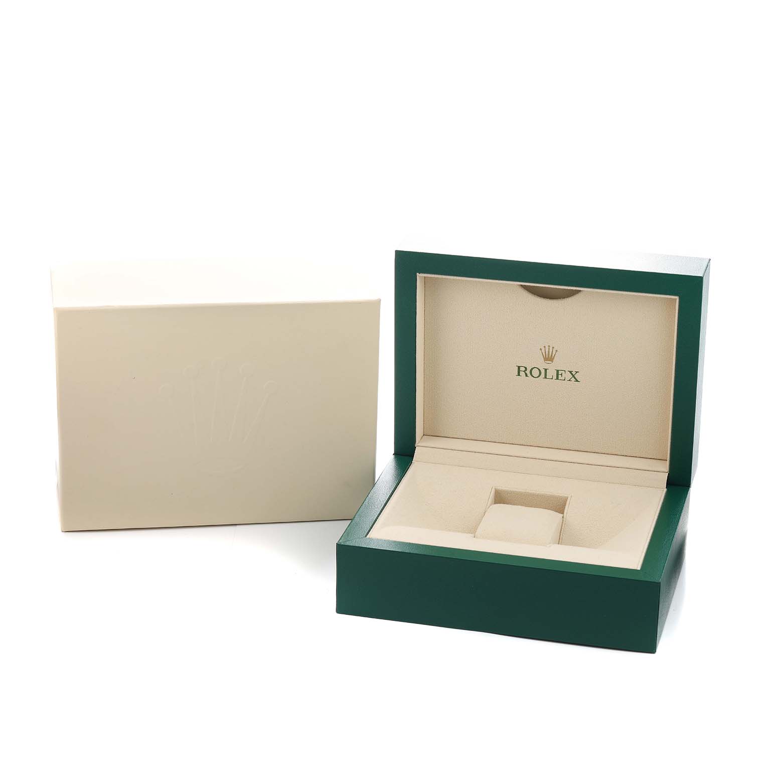 The image shows a Rolex Datejust 126281 Men's Steel and Gold (two tone) White Dial watch box set at an angle displaying the open green box and outer white cover.