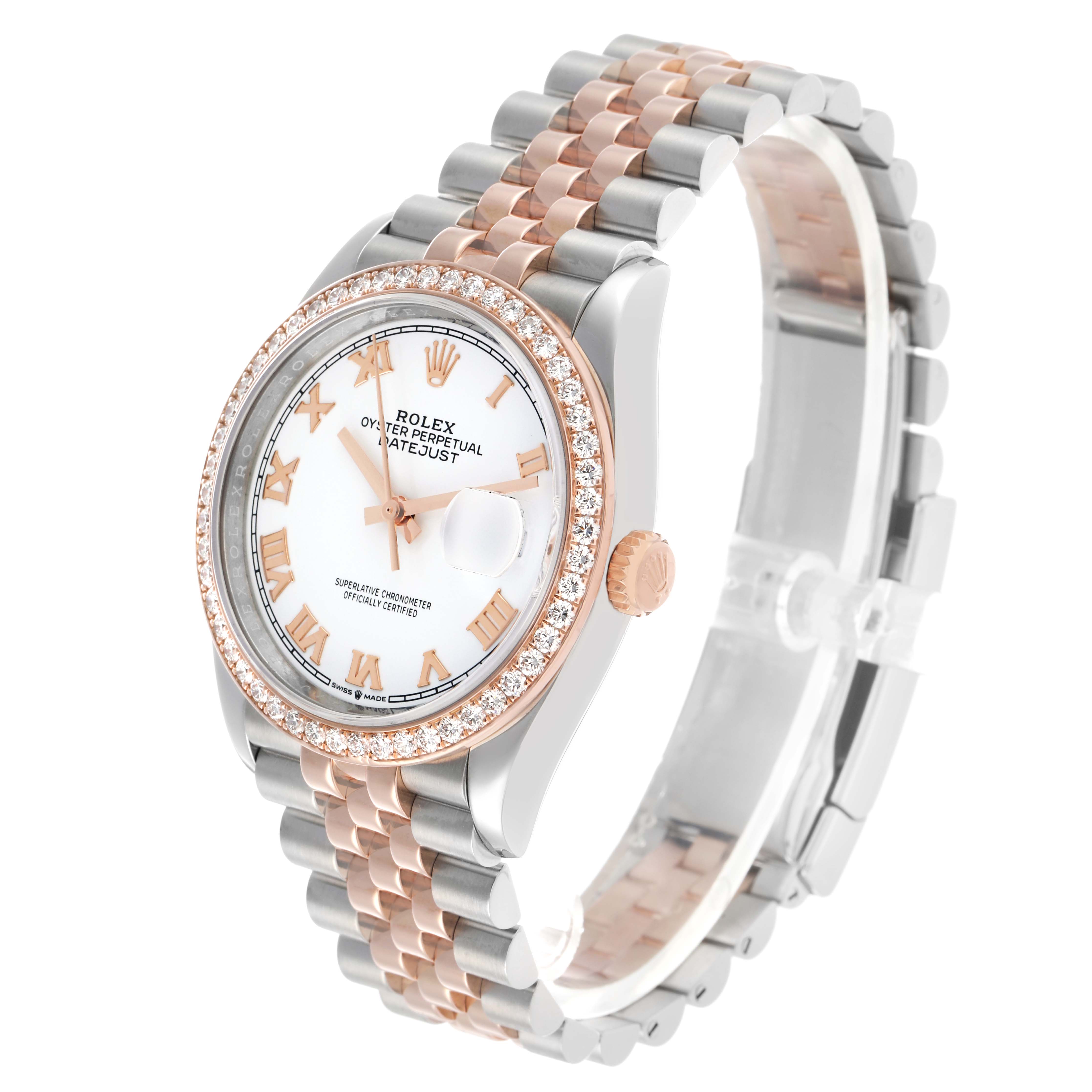 The Rolex Datejust 126281 Men's Steel and Gold (two tone) White Dial watch is shown at a slight angle, displaying the face, bezel, and bracelet.