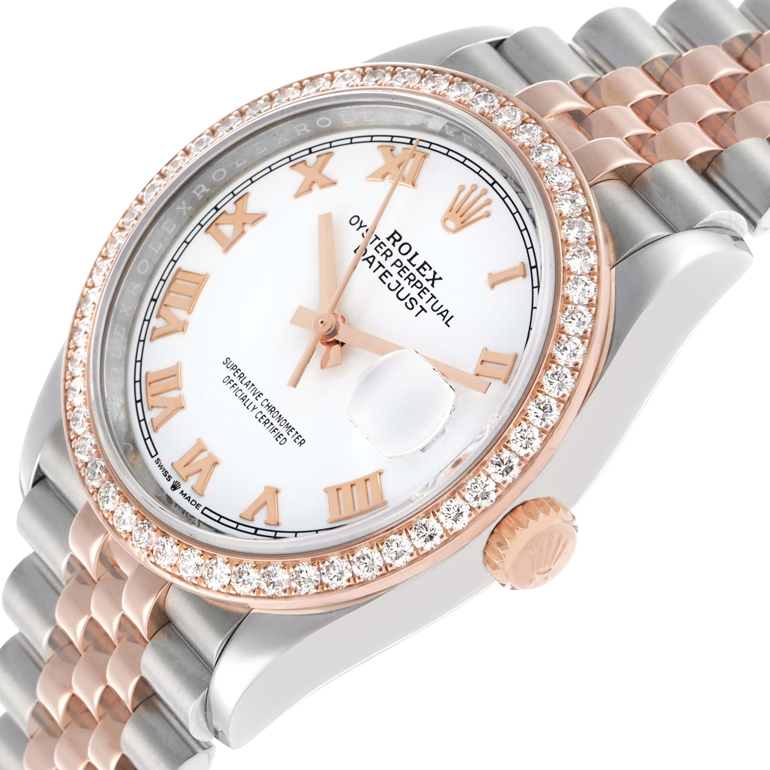 The Rolex Datejust 126281 Men's Steel and Gold (two tone) White Dial watch is shown at an angled top view, highlighting the dial, diamond bezel, and two-tone bracelet.