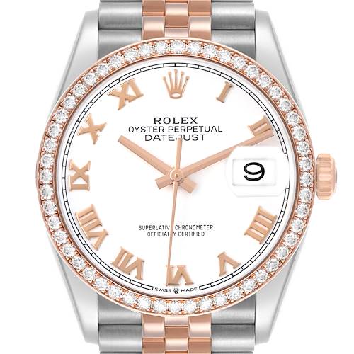 The Rolex Datejust 126281 Men's Steel and Gold (two tone) White Dial is shown from a front angle, highlighting the face, bezel, bracelet, hands, and date window.