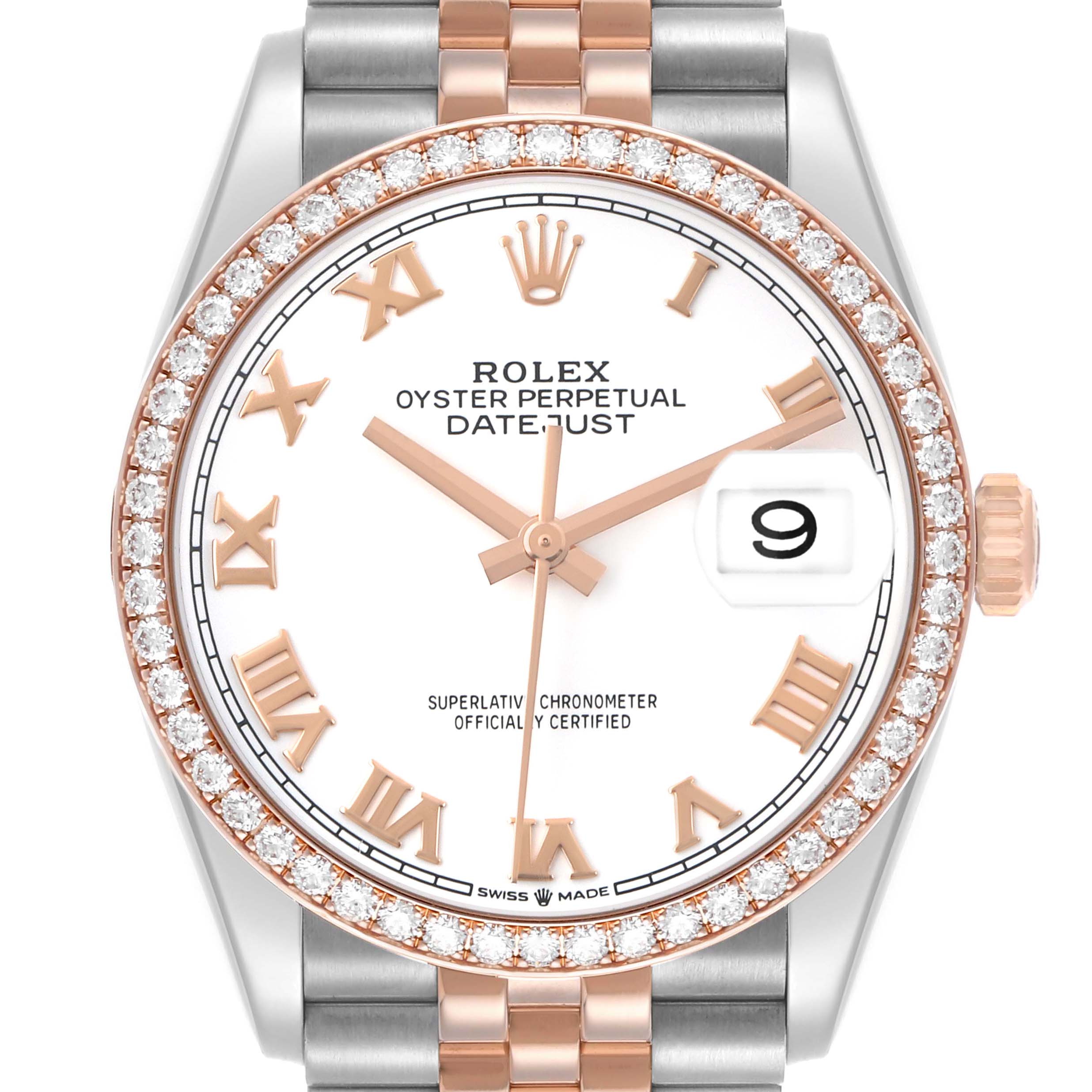 The Rolex Datejust 126281 Men's Steel and Gold (two tone) White Dial watch is shown from a front view, highlighting the diamond bezel, white dial, and Roman numeral indices.