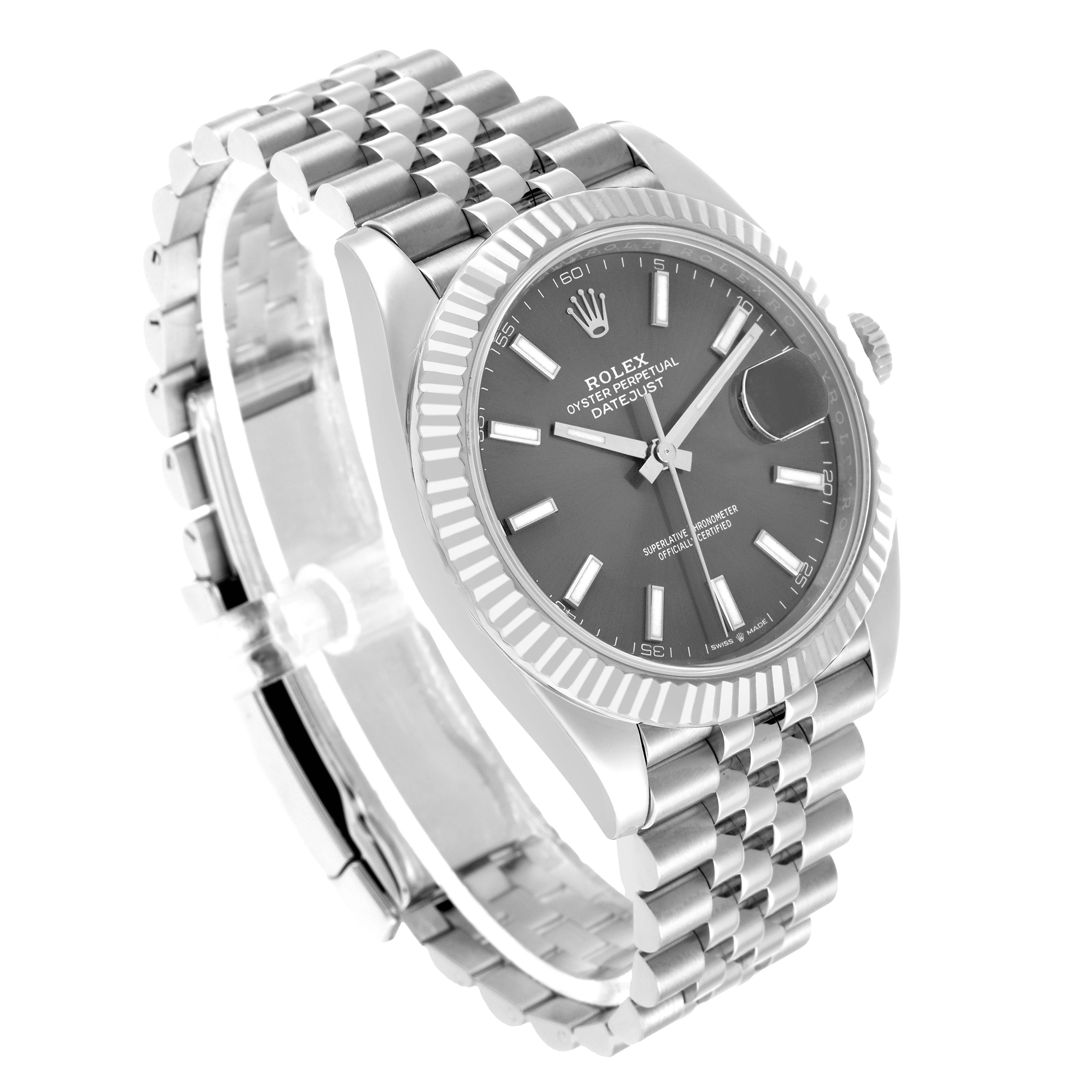 The Rolex Datejust 41 126334 Men's Stainless Steel Grey Dial is shown at an angle highlighting the face, fluted bezel, and Jubilee bracelet.