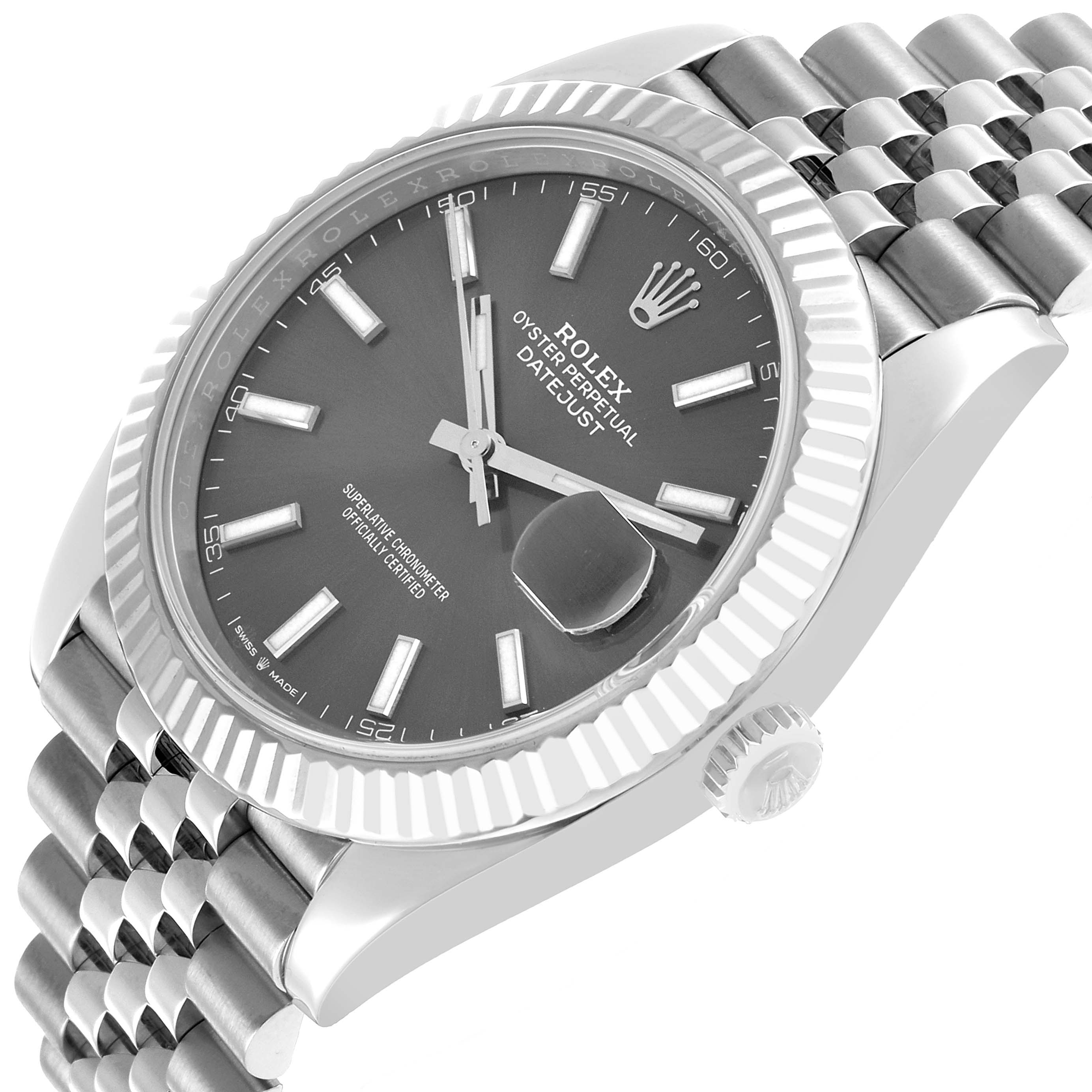 The Rolex Datejust 41 126334 Men's Stainless Steel Grey Dial watch is shown at an angled front view, highlighting the dial, fluted bezel, and Jubilee bracelet.