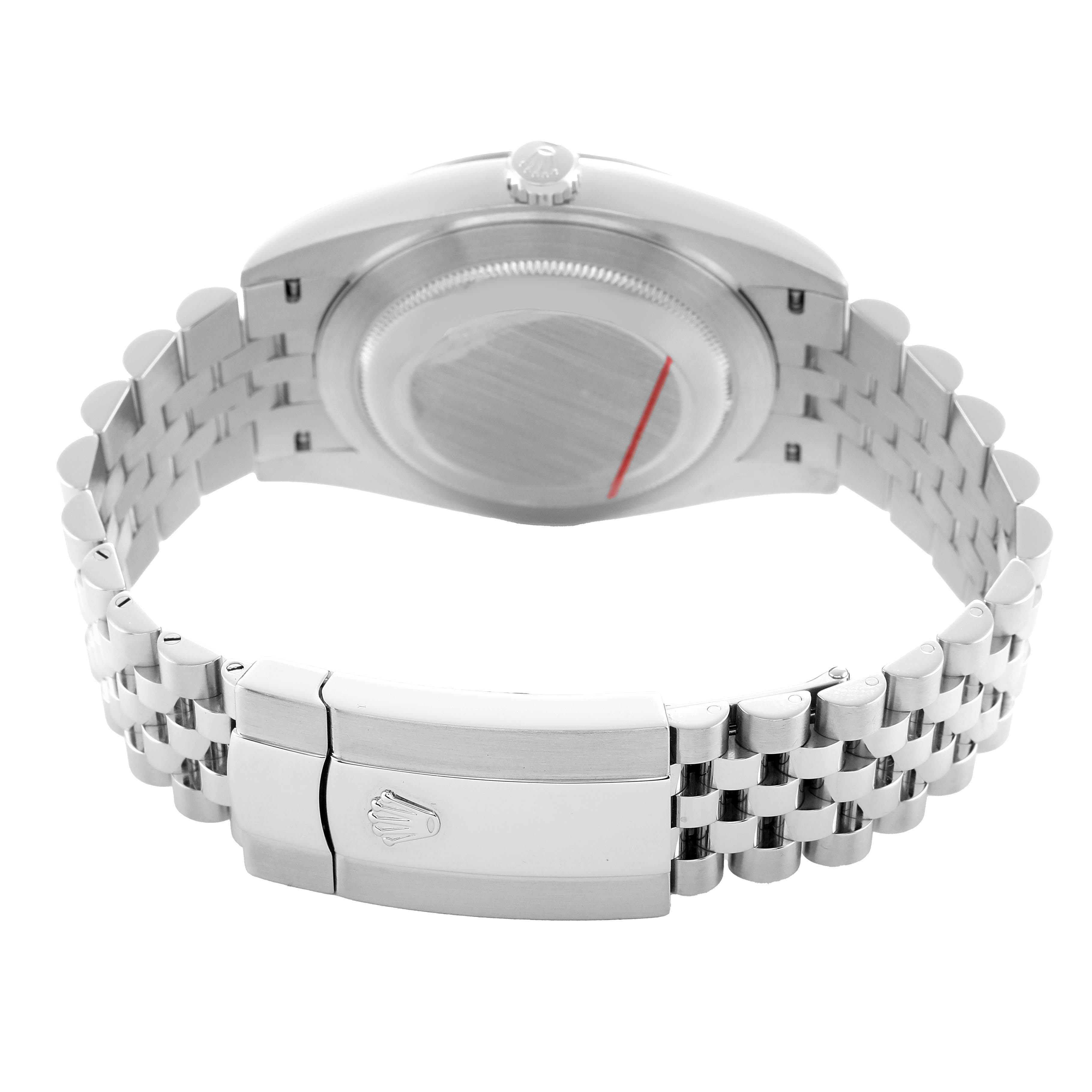 The image shows the back of a Rolex Datejust 41 126334 Men's Stainless Steel Grey Dial, highlighting the bracelet, clasp, and watch case from a rear, slightly elevated angle.