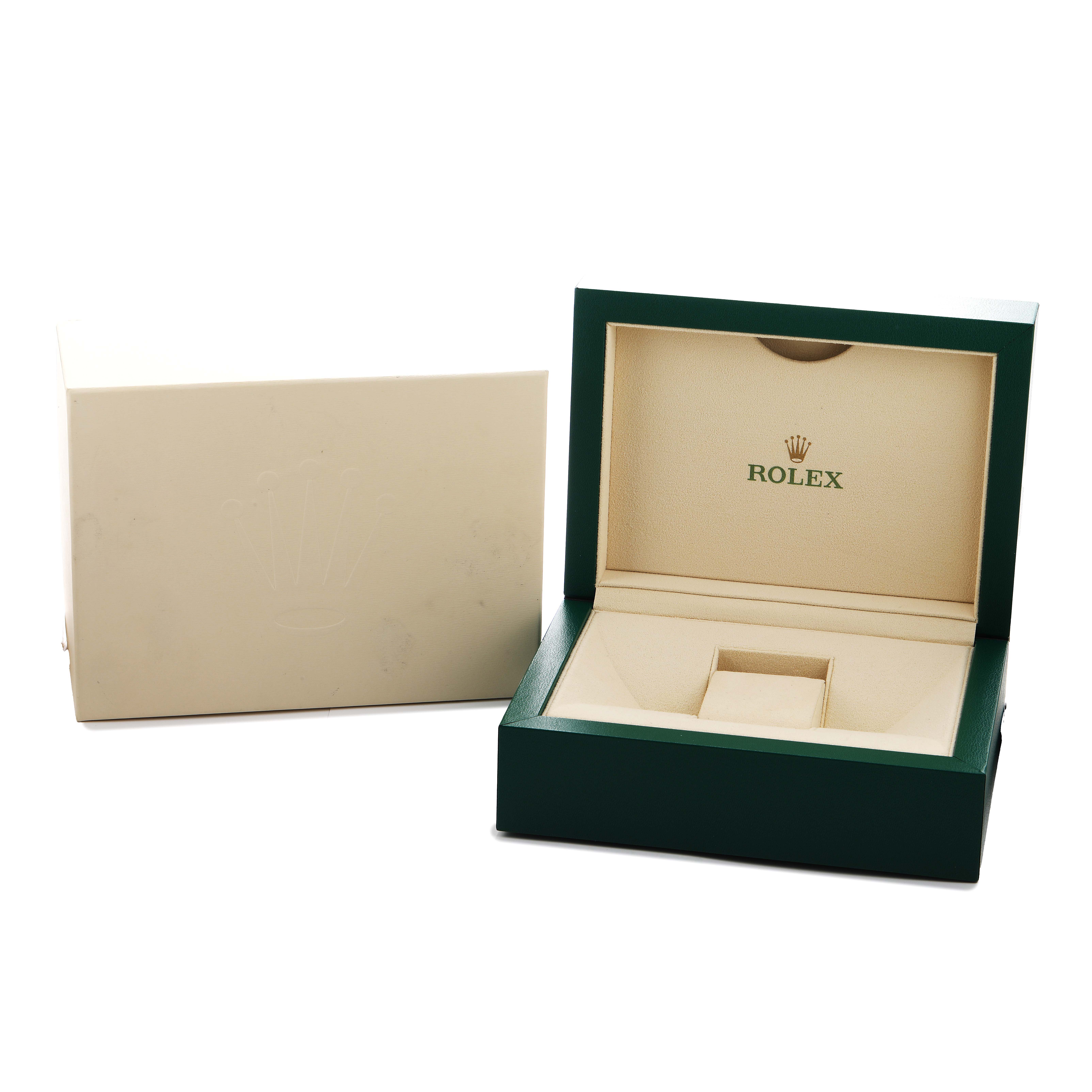 The image shows an open Rolex Datejust 41 126334 Men's Stainless Steel Grey Dial box with the outer cardboard cover beside it, displaying the interior padding.