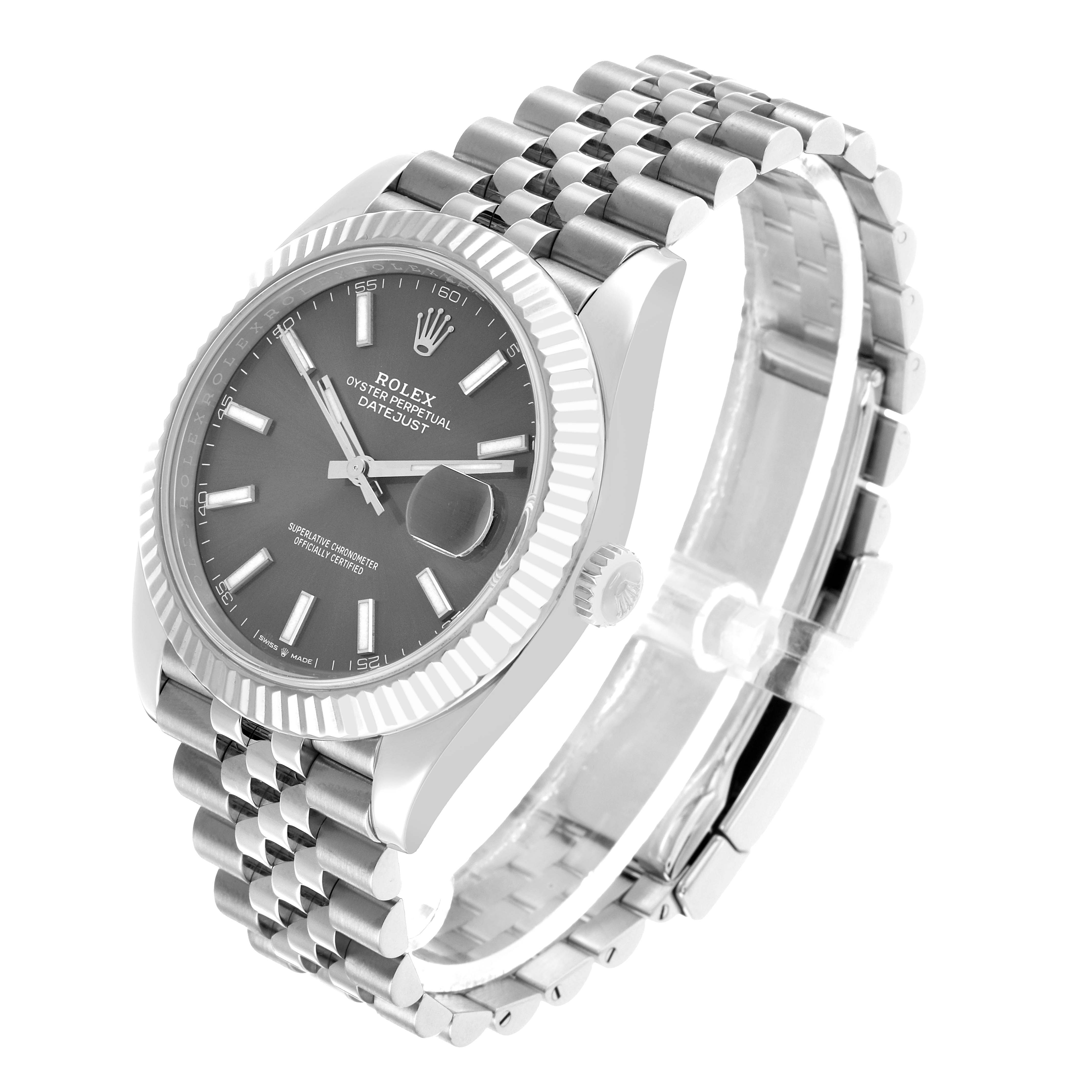 The Rolex Datejust 41 126334 Men's Stainless Steel Grey Dial is shown from a side angle, displaying the watch face, bezel, crown, and bracelet.