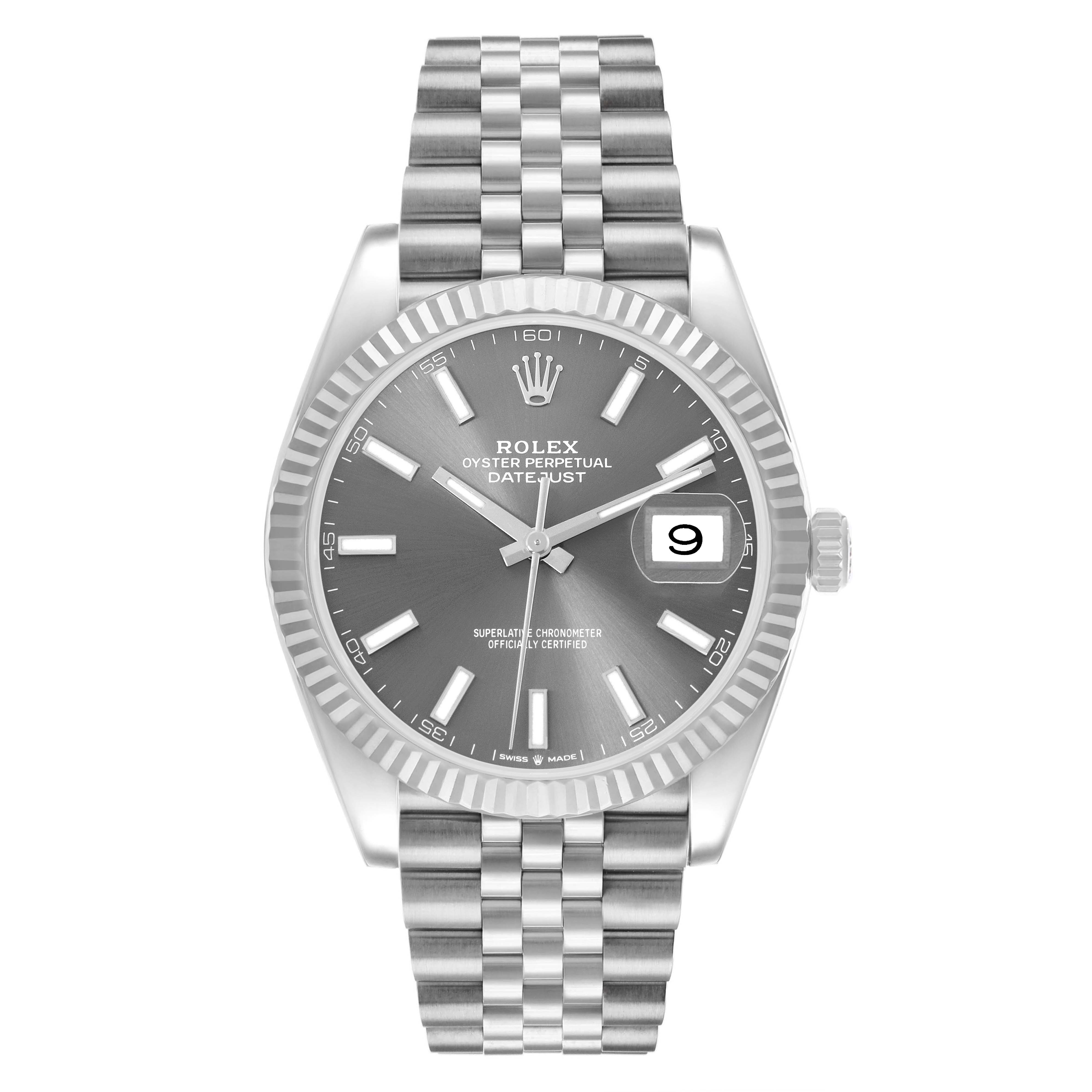The Rolex Datejust 41 126334 Men's Stainless Steel Grey Dial is shown from a front angle, displaying the dial, case, bezel, and bracelet.