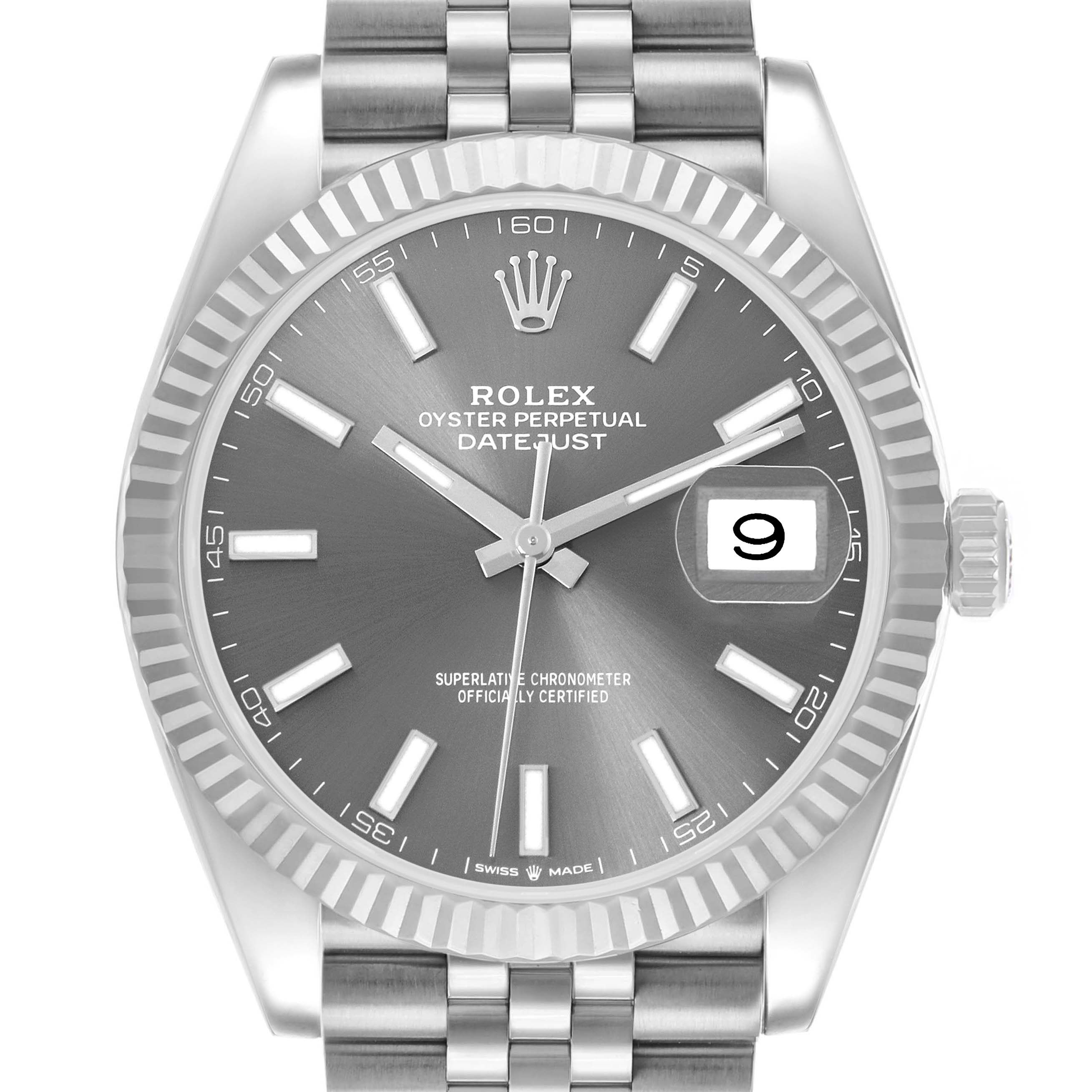 The Rolex Datejust 41 126334 Men's Stainless Steel Grey Dial watch is shown from the front, featuring its dial, bezel, and part of the bracelet.