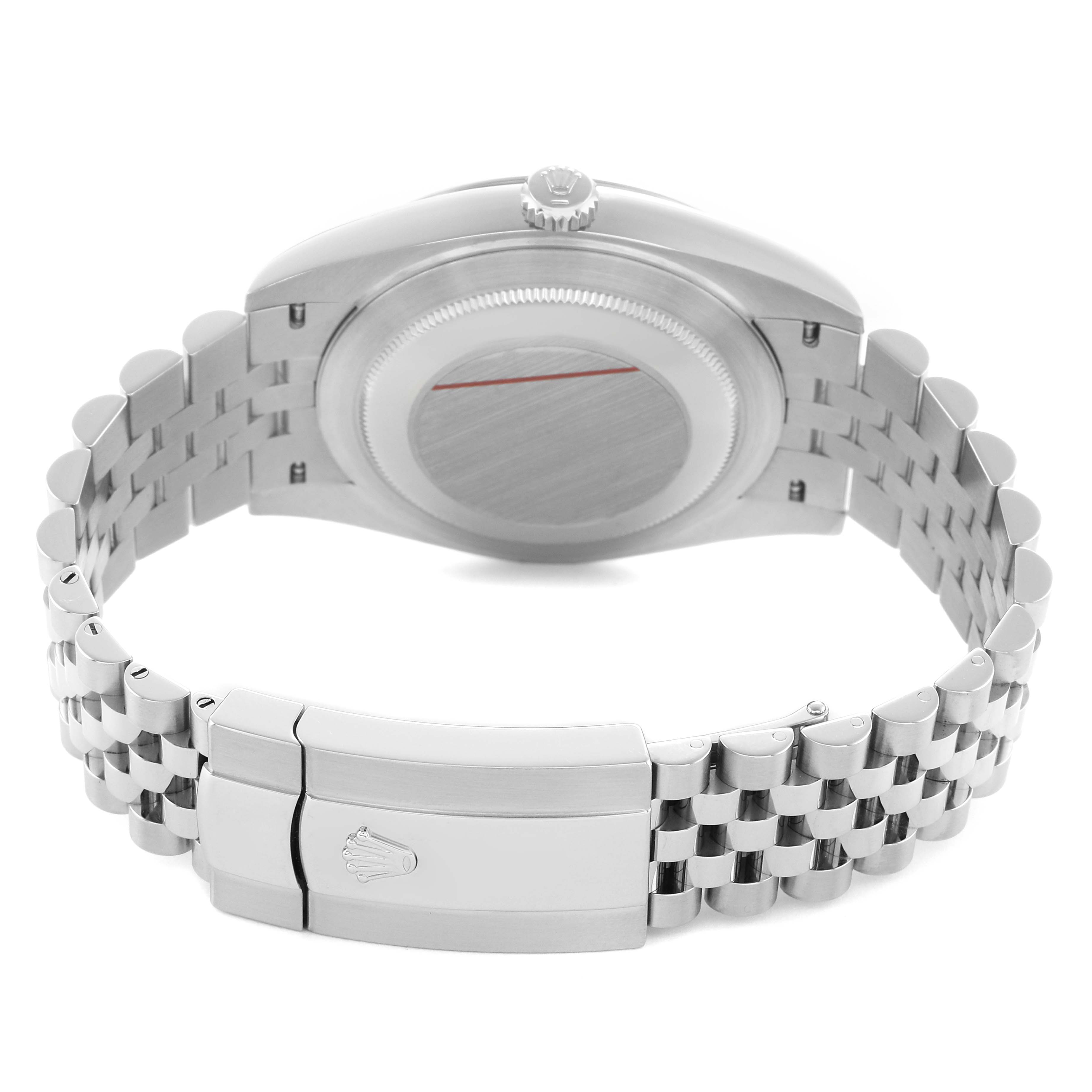 The image shows the back of a Rolex Datejust 41 126300 Men's Steel and Gold (two tone) Grey Dial, highlighting the case back, crown, and Jubilee bracelet with clasp.