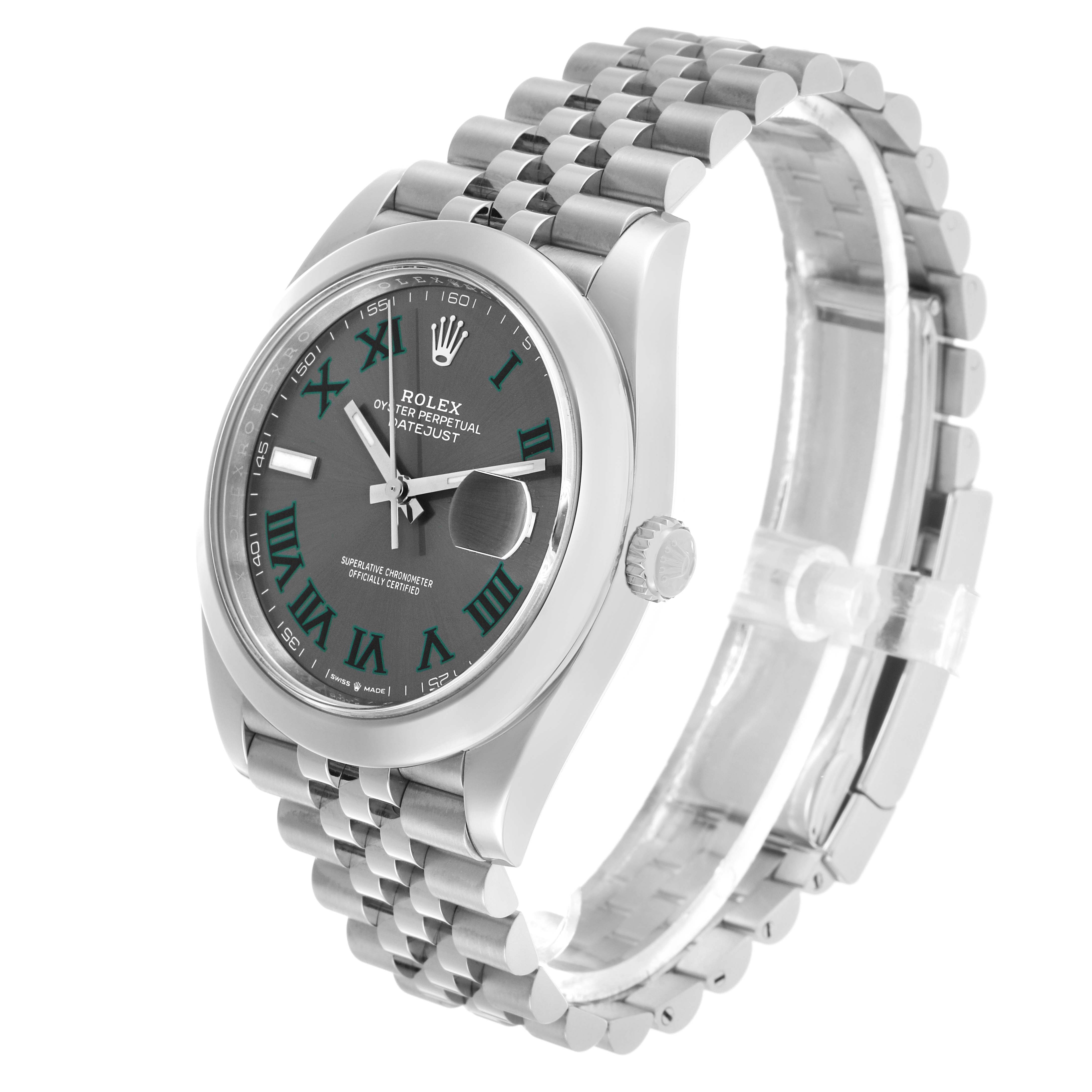 The Rolex Datejust 41 126300 Men's Steel and Gold (two tone) Grey Dial is shown at a three-quarter angle, highlighting the dial, case, crown, and bracelet.