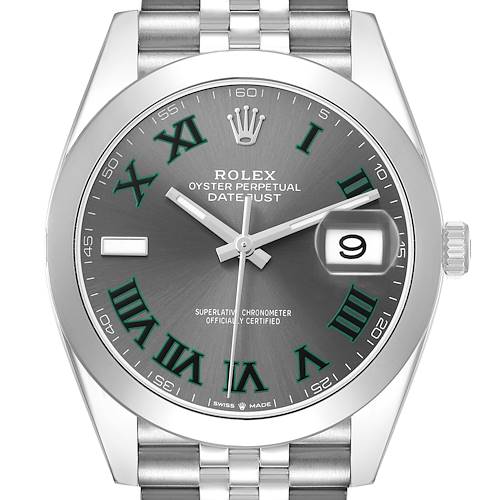 The Rolex Datejust 41 126300 Men's Steel and Gold (two tone) Grey Dial is shown from a front angle, highlighting the dial, bezel, and a portion of the bracelet.
