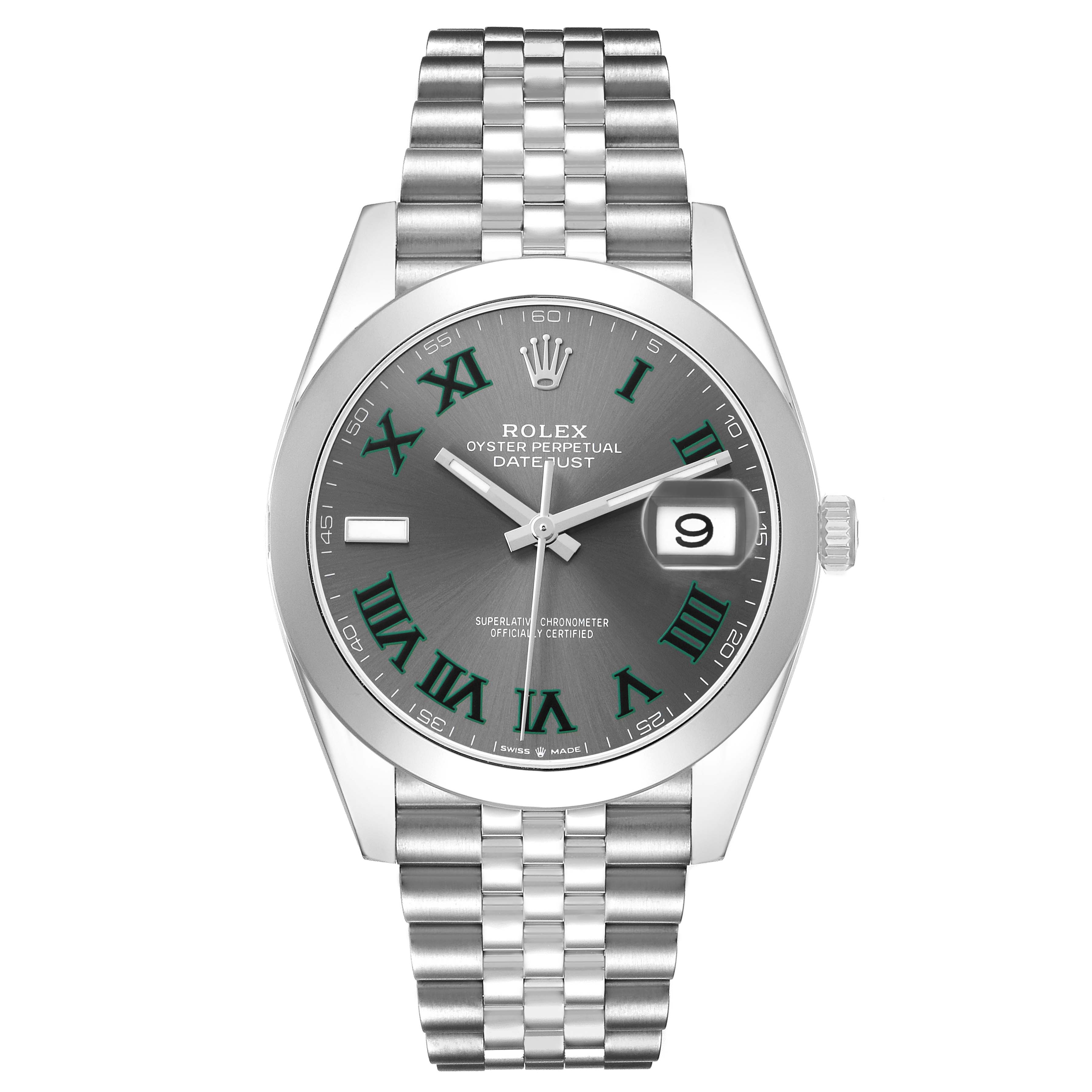 The Rolex Datejust 41 126300 Men's Steel and Gold (two tone) Grey Dial is shown from the front, highlighting its gray dial, Roman numerals, date window, and Jubilee bracelet.