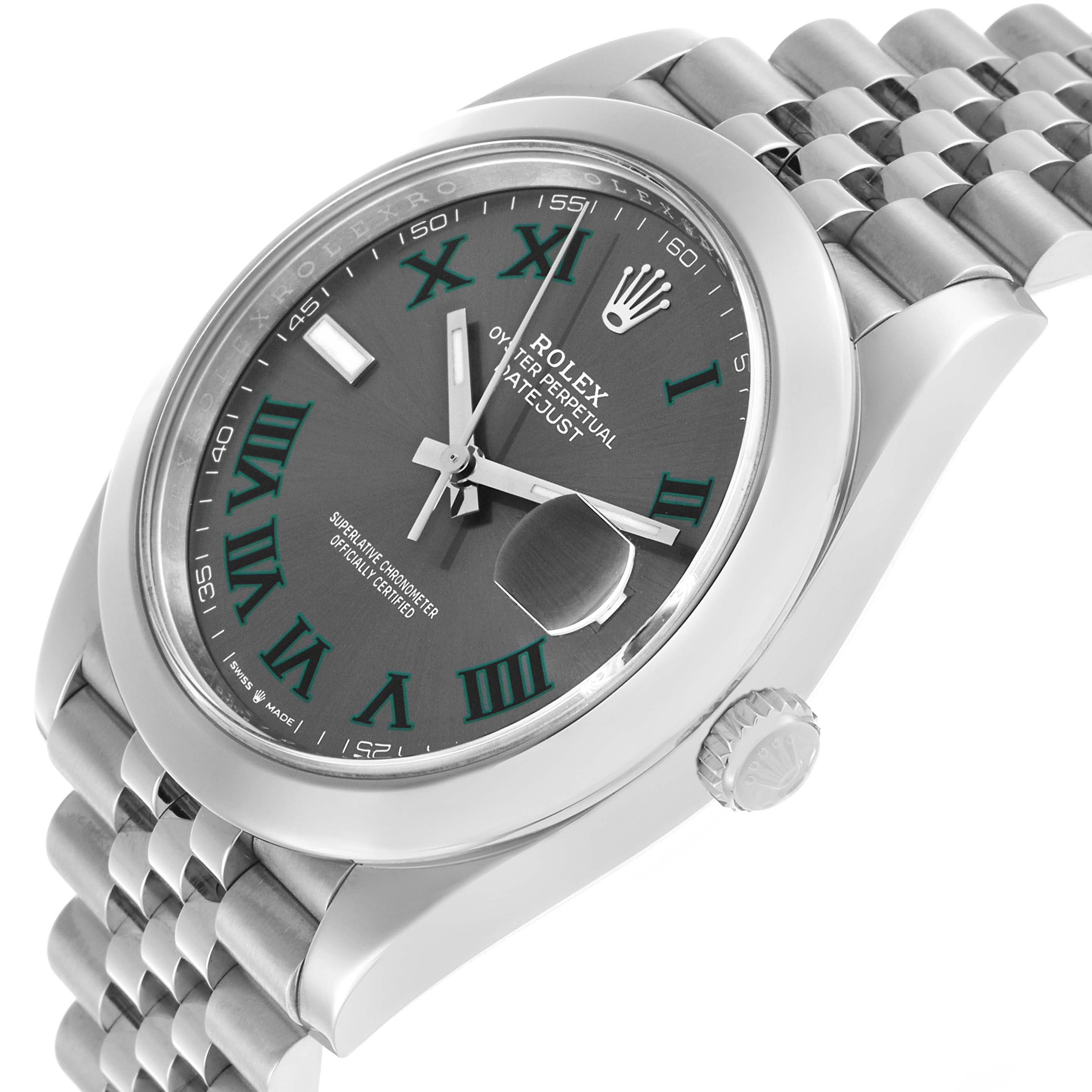 The Rolex Datejust 41 126300 Men's Steel and Gold (two tone) Grey Dial watch is shown at an angled side view, displaying the dial with Roman numerals, case, crown, and bracelet.