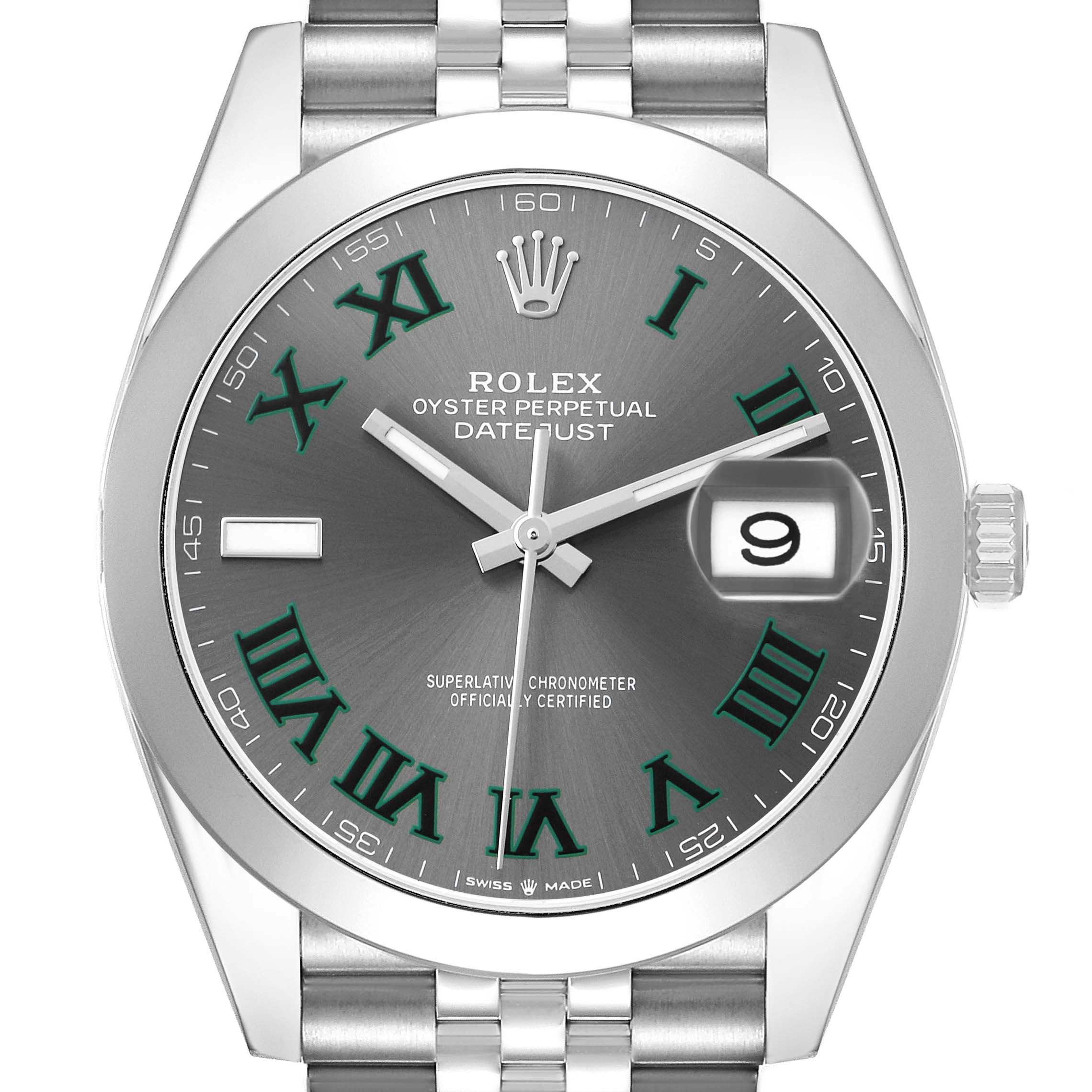 The Rolex Datejust 41 126300 Men's Steel and Gold (two tone) Grey Dial is shown from a front angle, highlighting its dial, bezel, date window, and part of the bracelet.