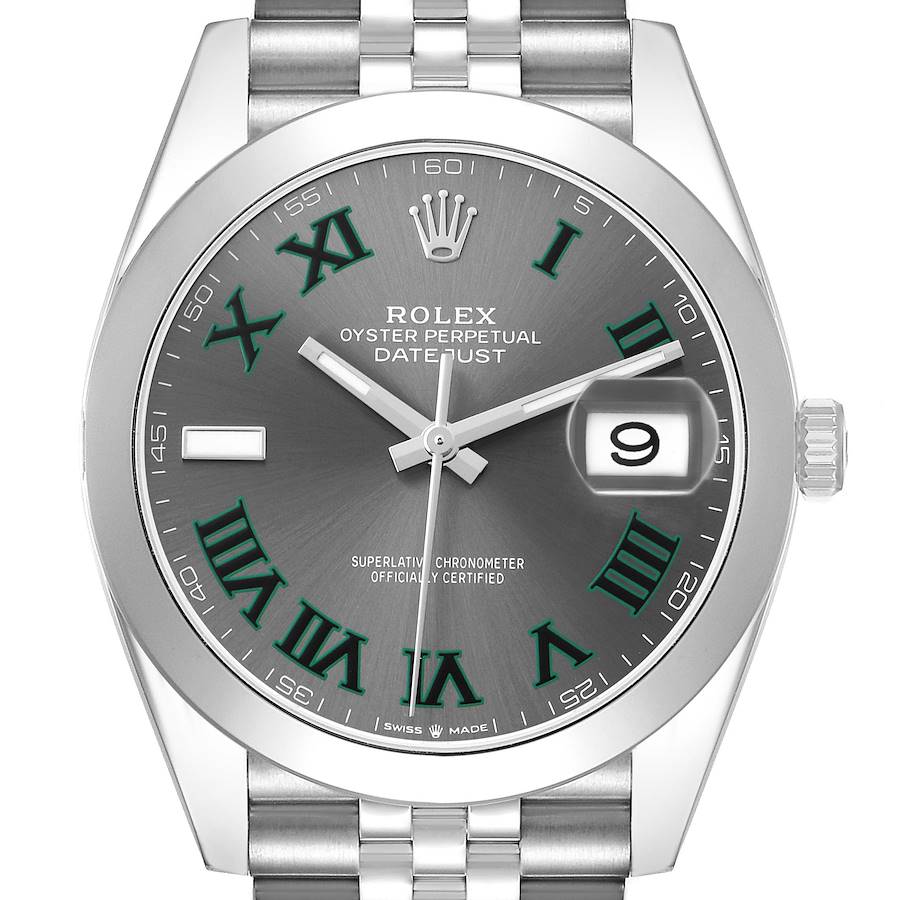The Rolex Datejust 41 126300 Men's Steel and Gold (two tone) Grey Dial is shown from a front angle, highlighting its dial, bezel, date window, and part of the bracelet.