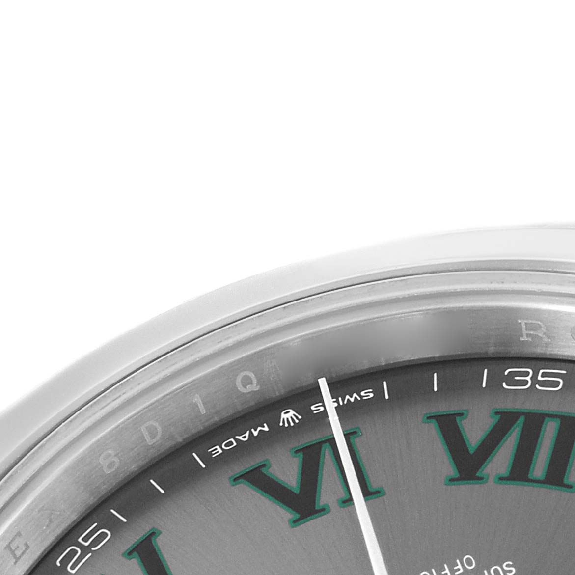 The image shows a close-up of the Rolex Datejust 41 126300 Men's Steel and Gold (two tone) Grey Dial dial, featuring Roman numerals and the "Swiss Made" text.