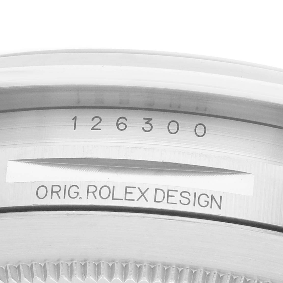 This image shows a close-up of the case back edge with model number and "Orig. Rolex Design" on the Rolex Datejust 41 126300 Men's Steel and Gold (two tone) Grey Dial.