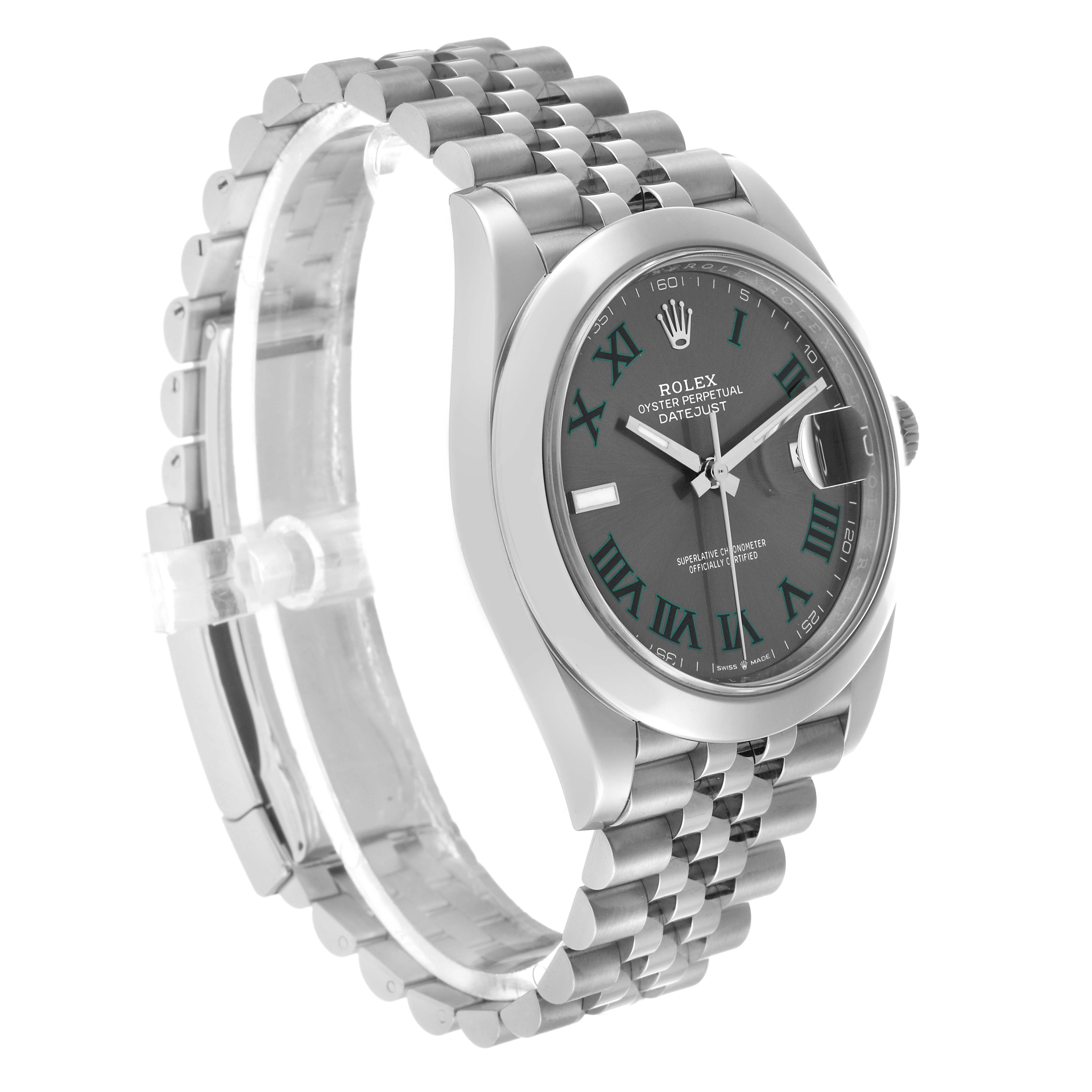 This Rolex Datejust 41 126300 Men's Steel and Gold (two tone) Grey Dial watch is shown from a front angle, highlighting its dial, case, and jubilee bracelet.