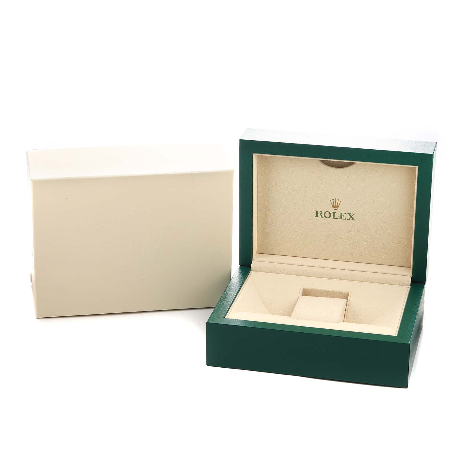 The image shows an open green box and a cream outer box for a Rolex Datejust 41 126300 Men's Steel and Gold (two tone) Grey Dial, displaying the interior branding.