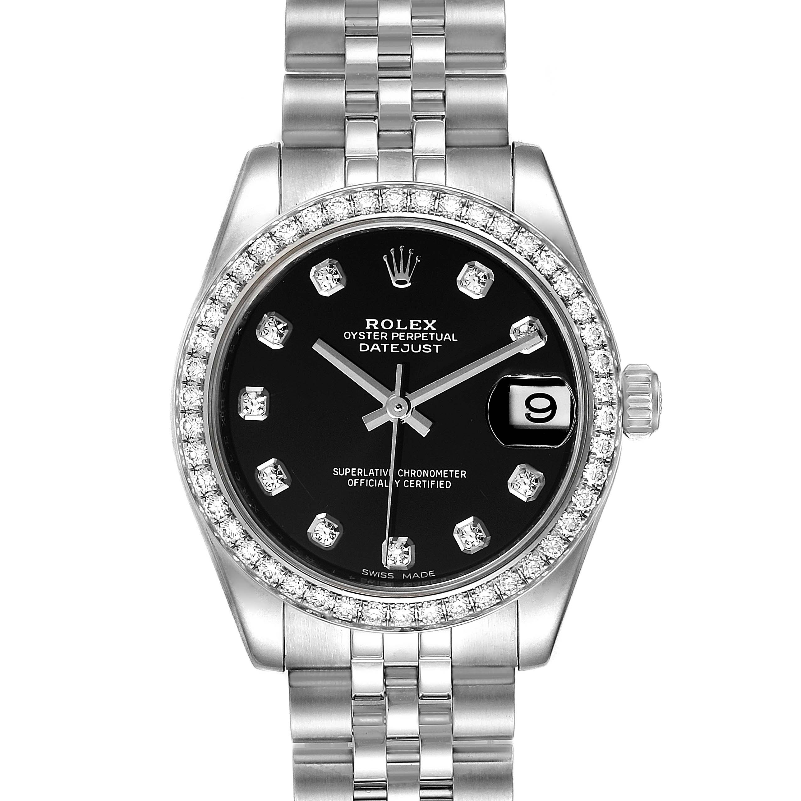 This image shows a front-angle view of a Rolex Oyster Perpetual Datejust Mid-Size watch with a stainless steel band and black dial.