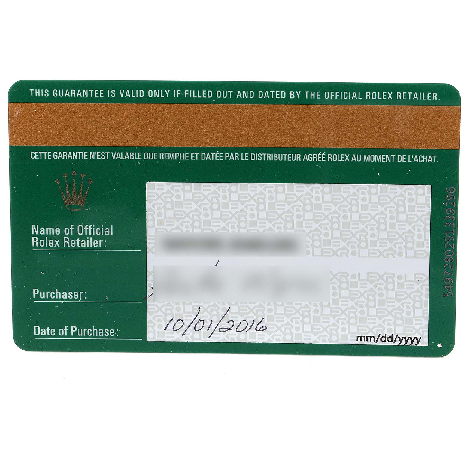 This image shows a filled-out warranty card for a Mid-Size Rolex watch, displaying details like the retailer
s name, purchaser, and purchase date.