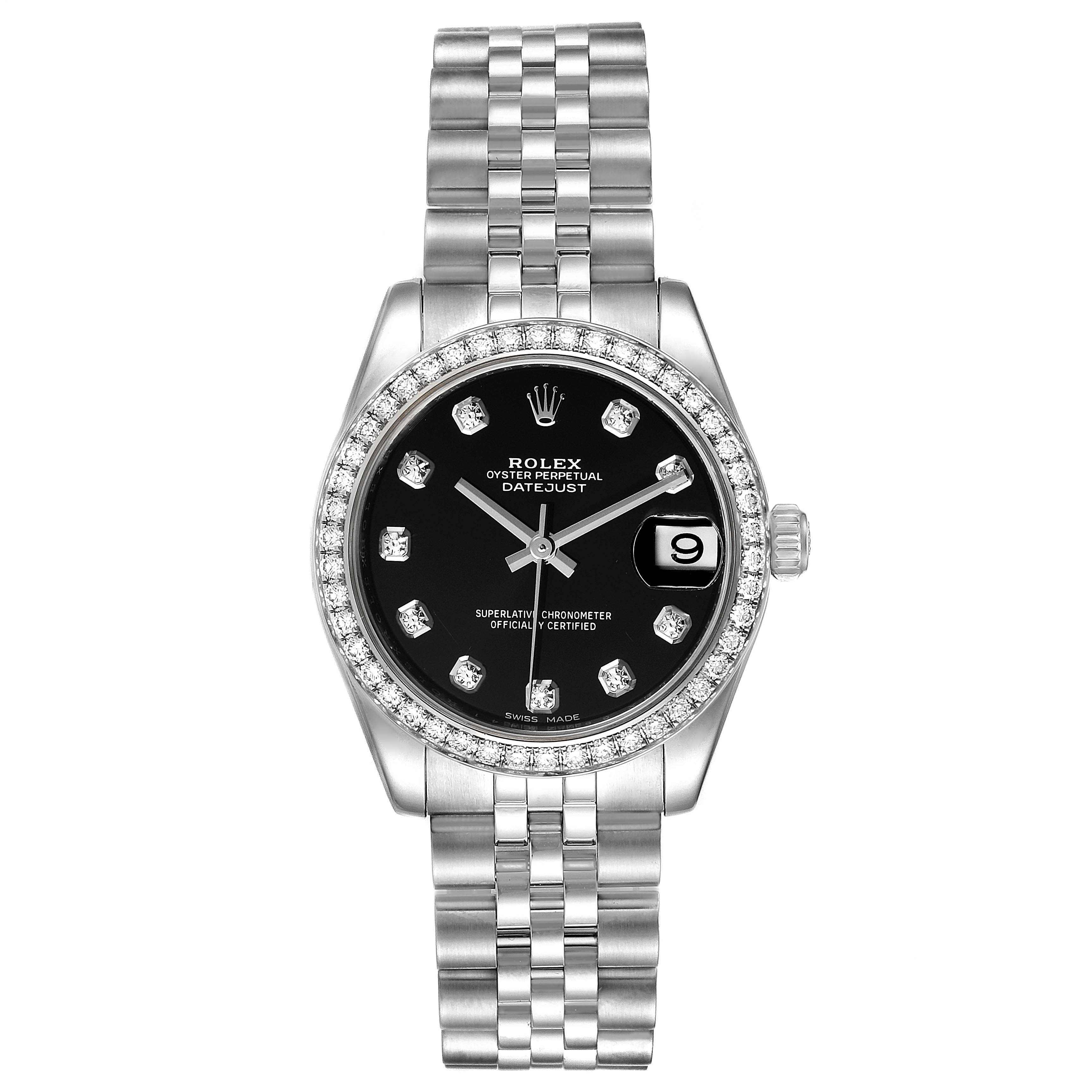 The Rolex Mid-Size 178384 Women
s Stainless Steel Black Dial 178384 Women
s Stainless Steel Black Dial Oyster Perpetual Datejust is shown from the front, displaying the dial, case, bezel, and bracelet.