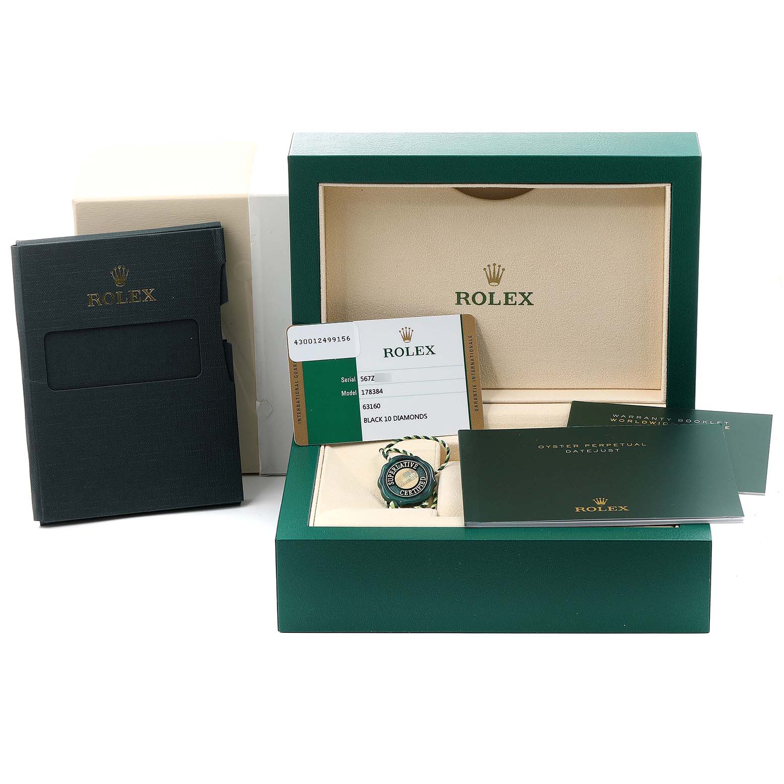 The image shows a Rolex Mid-Size 178384 Women
s Stainless Steel Black Dial 178384 Women
s Stainless Steel Black Dial model watch, its box, warranty cards, and documentation from a front angle.