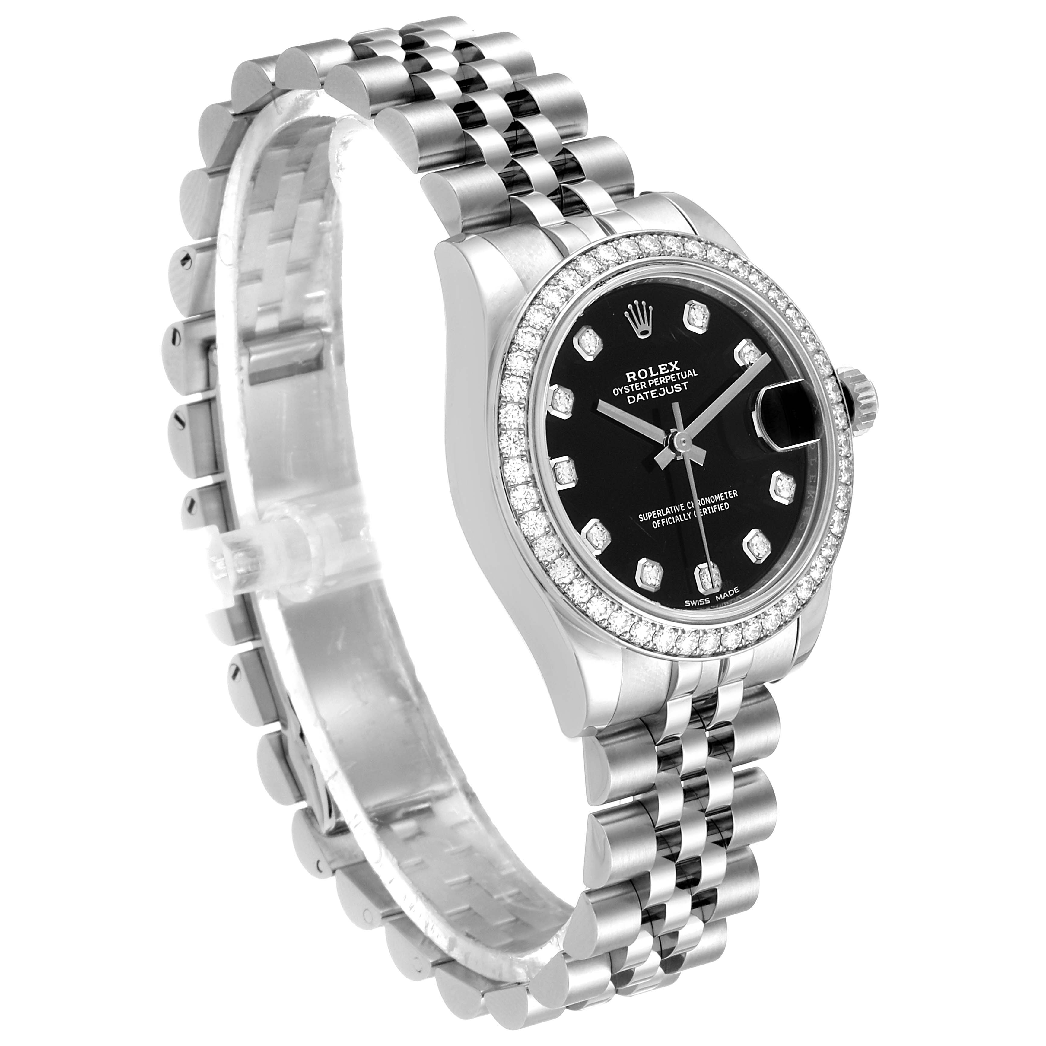 This Mid-Size Rolex Datejust is shown at a 3/4 angle, displaying the face, bezel, and part of the bracelet.