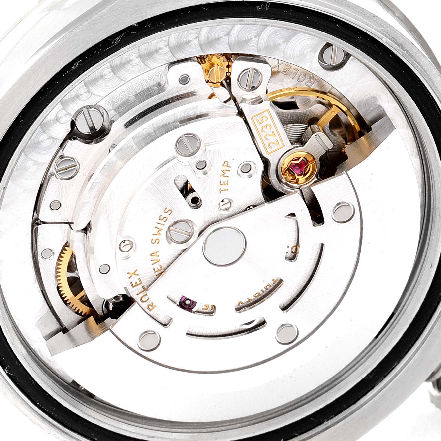 This image shows the intricate internal movement mechanism of a Rolex Mid-Size 178274 Women
s Stainless Steel Silver Dial 178274 Women
s Stainless Steel Silver Dial watch from a top-down angle.