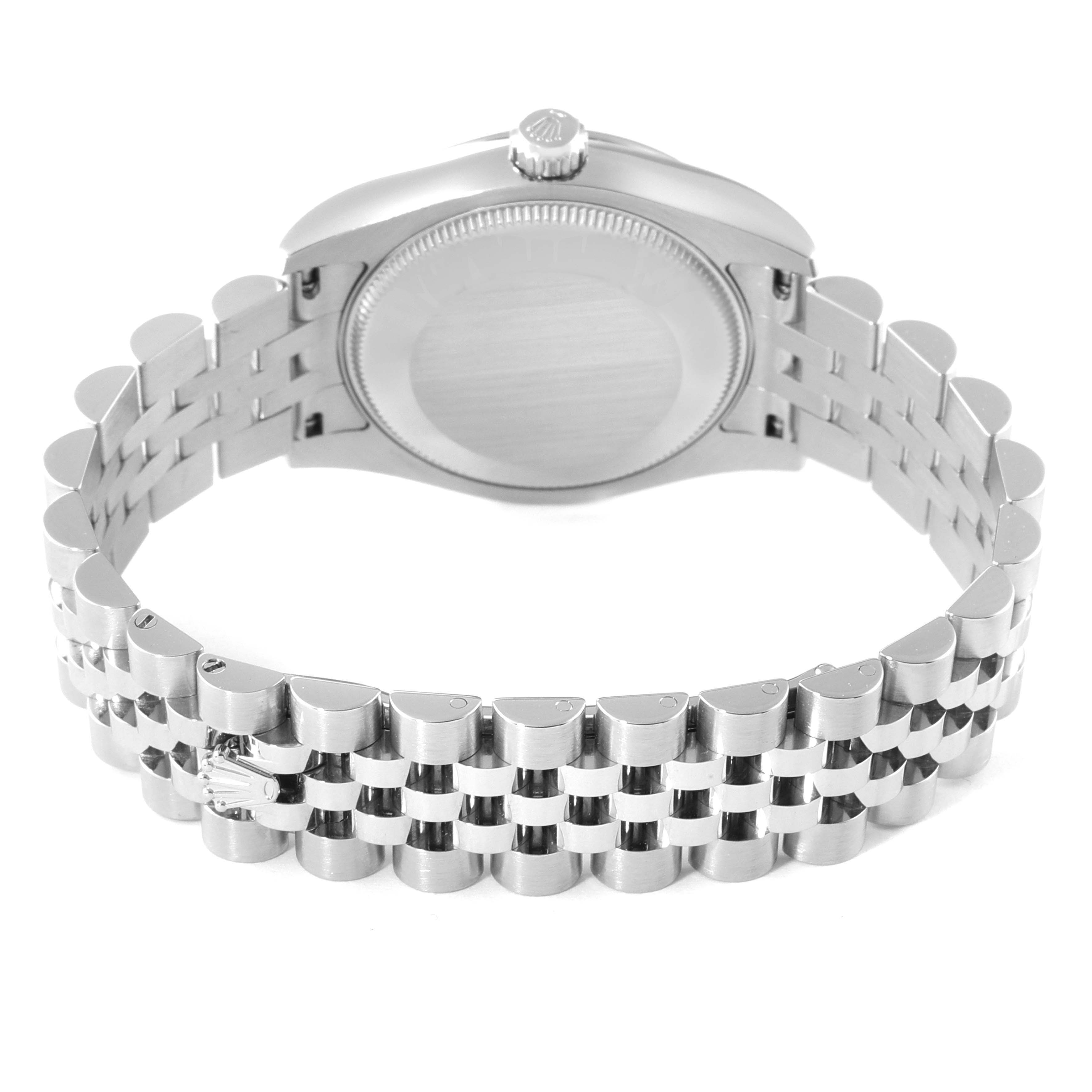 The image shows the back case and bracelet of a Mid-Size Rolex watch from a rear view.