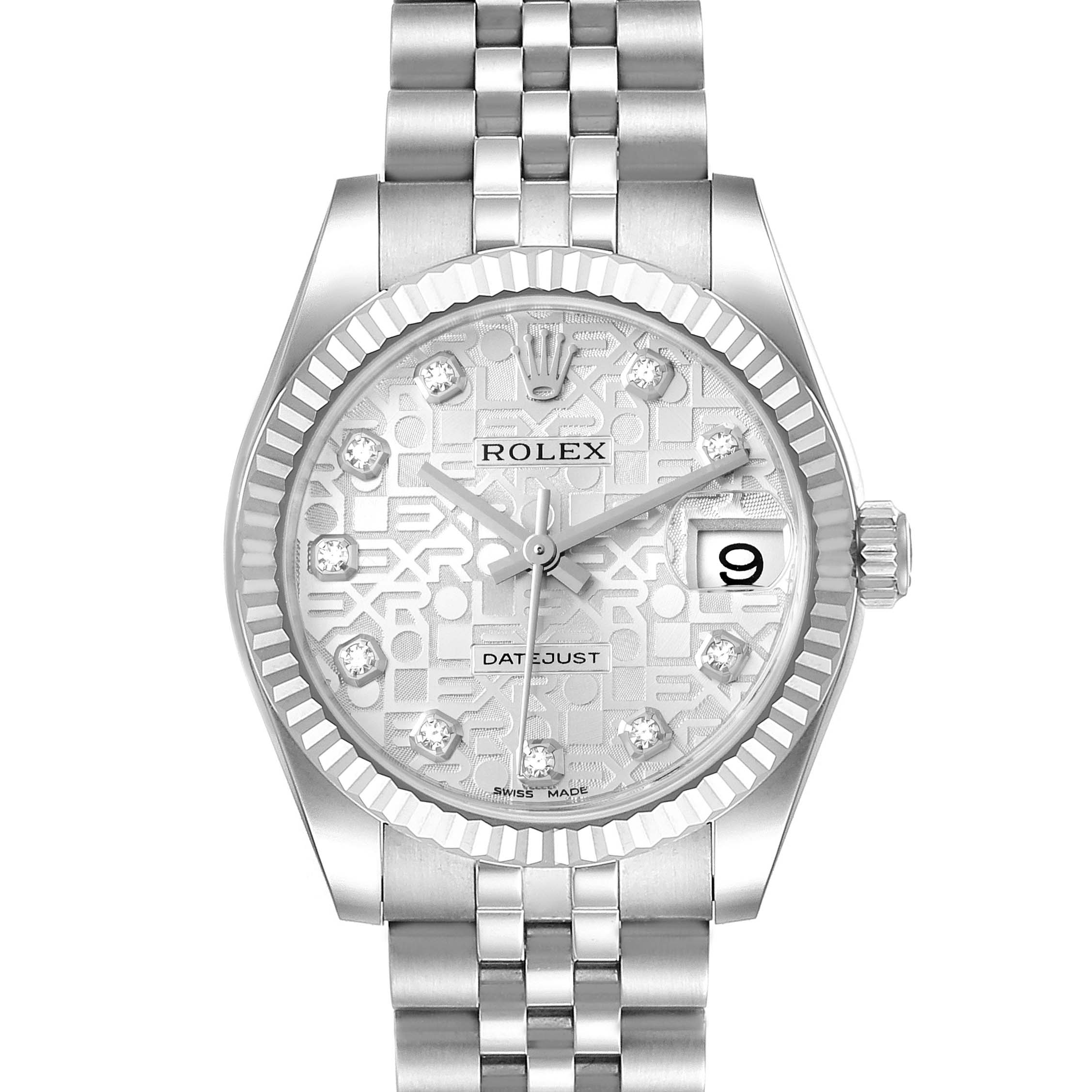 The image shows a front view of a Rolex Mid-Size 178274 Women
s Stainless Steel Silver Dial 178274 Women
s Stainless Steel Silver Dial Datejust watch, displaying its face, bezel, crown, and bracelet.