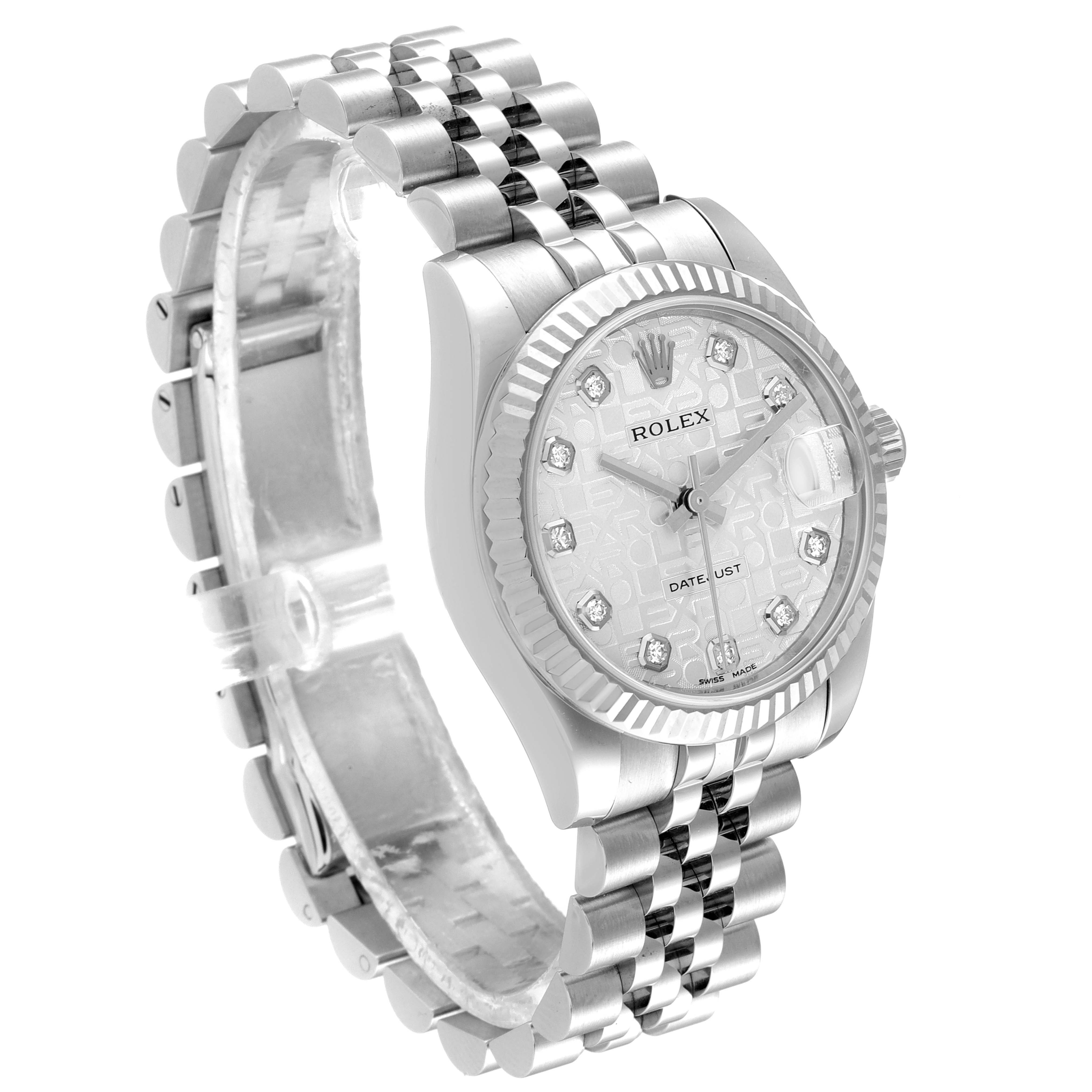 This image shows a Rolex Mid-Size 178274 Women
s Stainless Steel Silver Dial 178274 Women
s Stainless Steel Silver Dial Datejust watch from a front angle, displaying the face, bezel, and partially the bracelet.