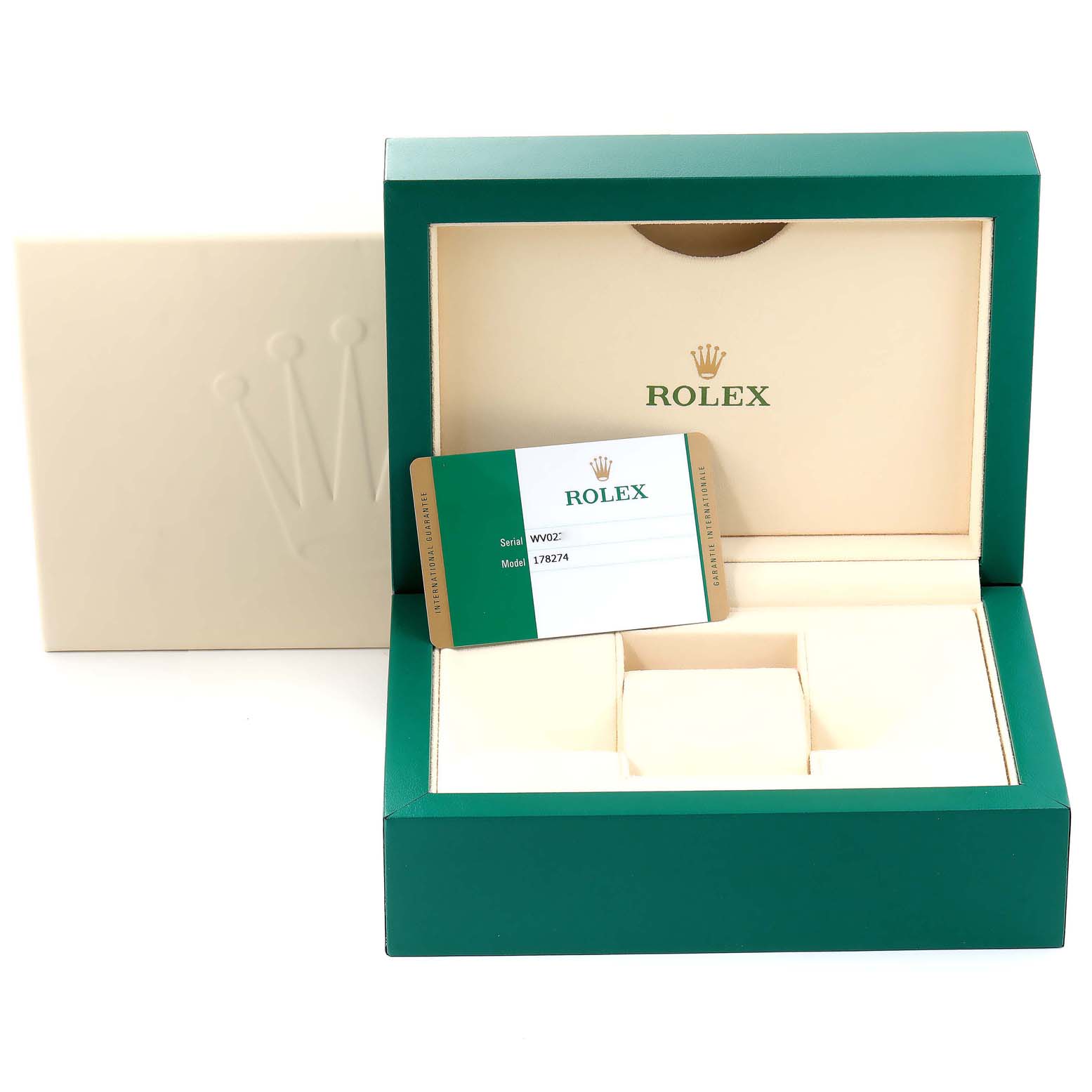 The image shows a Rolex watch box and warranty card for the Mid-Size model 178274.