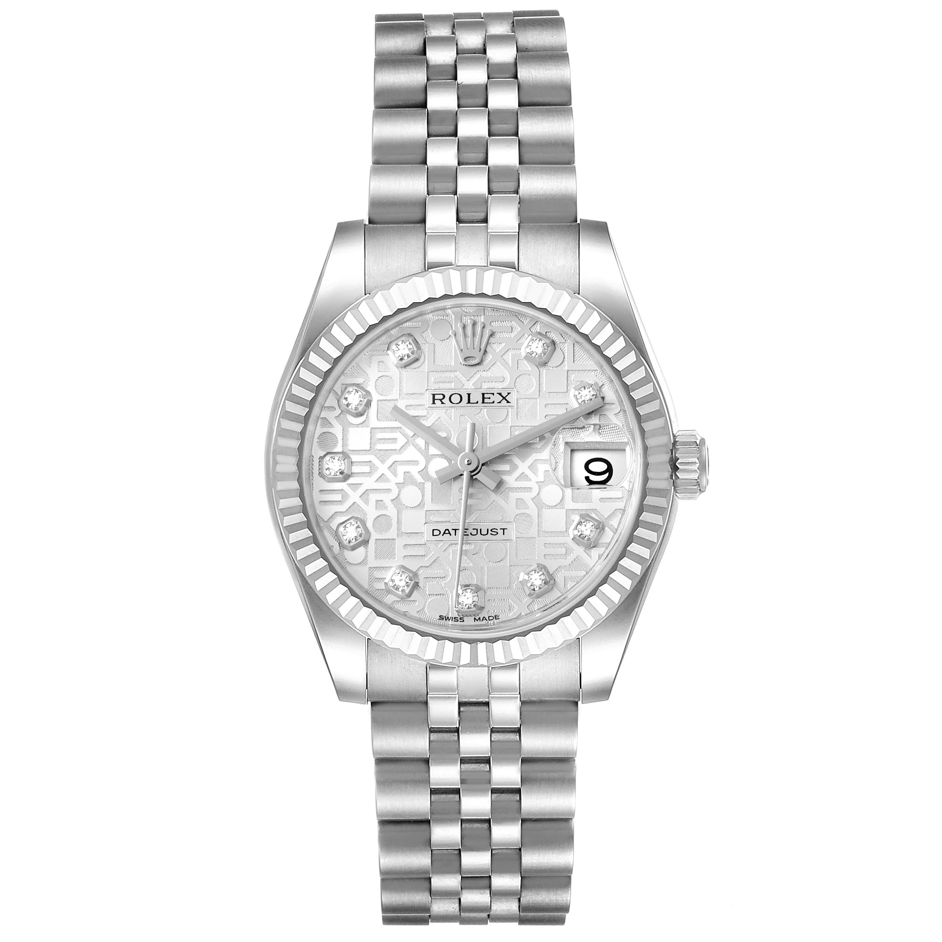 This image shows a front view of a Rolex Mid-Size 178274 Women
s Stainless Steel Silver Dial 178274 Women
s Stainless Steel Silver Dial Datejust watch, displaying the dial, indices, bezel, and bracelet.