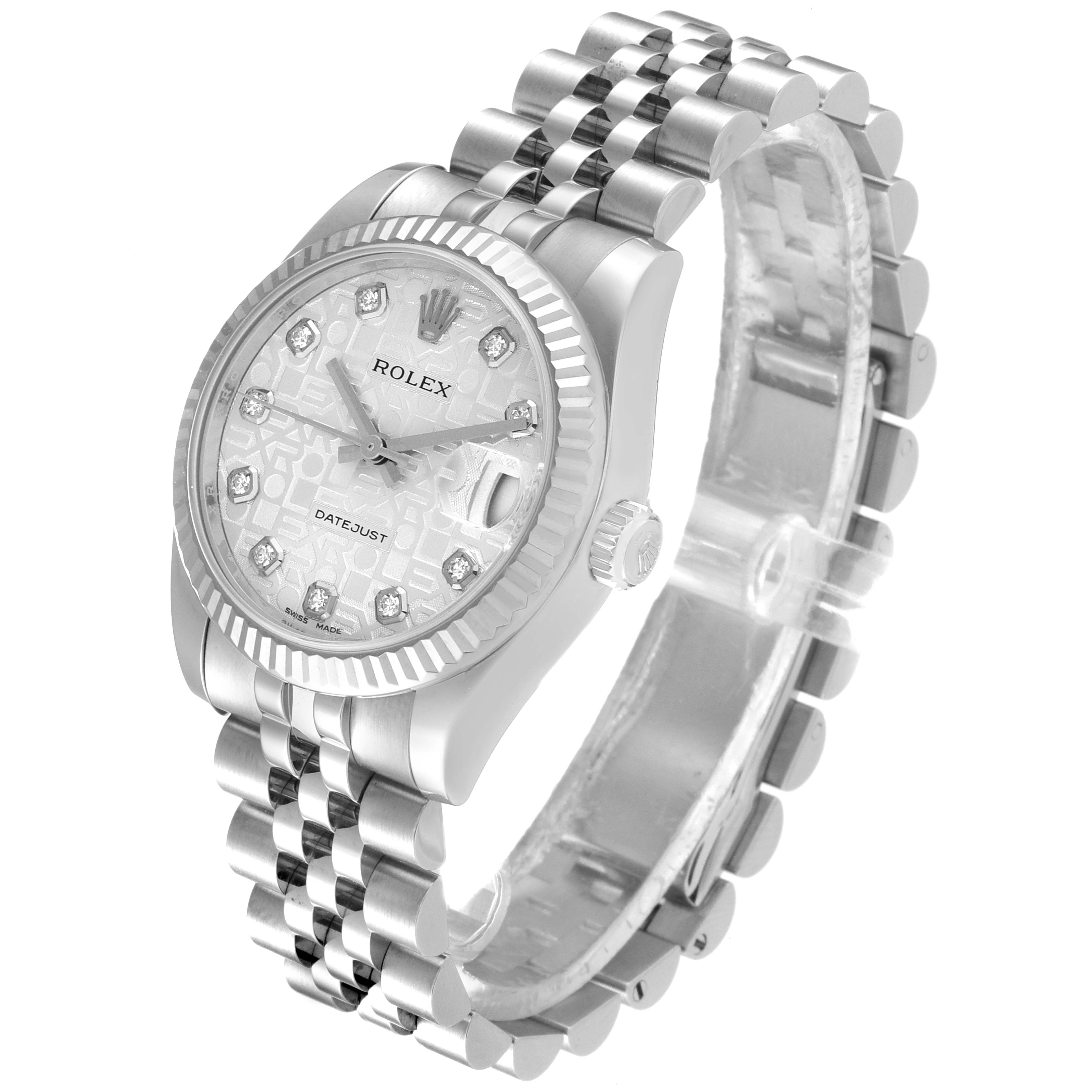 The image shows a Rolex Mid-Size 178274 Women
s Stainless Steel Silver Dial 178274 Women
s Stainless Steel Silver Dial Datejust watch from a front angle displaying its dial, bezel, and bracelet.