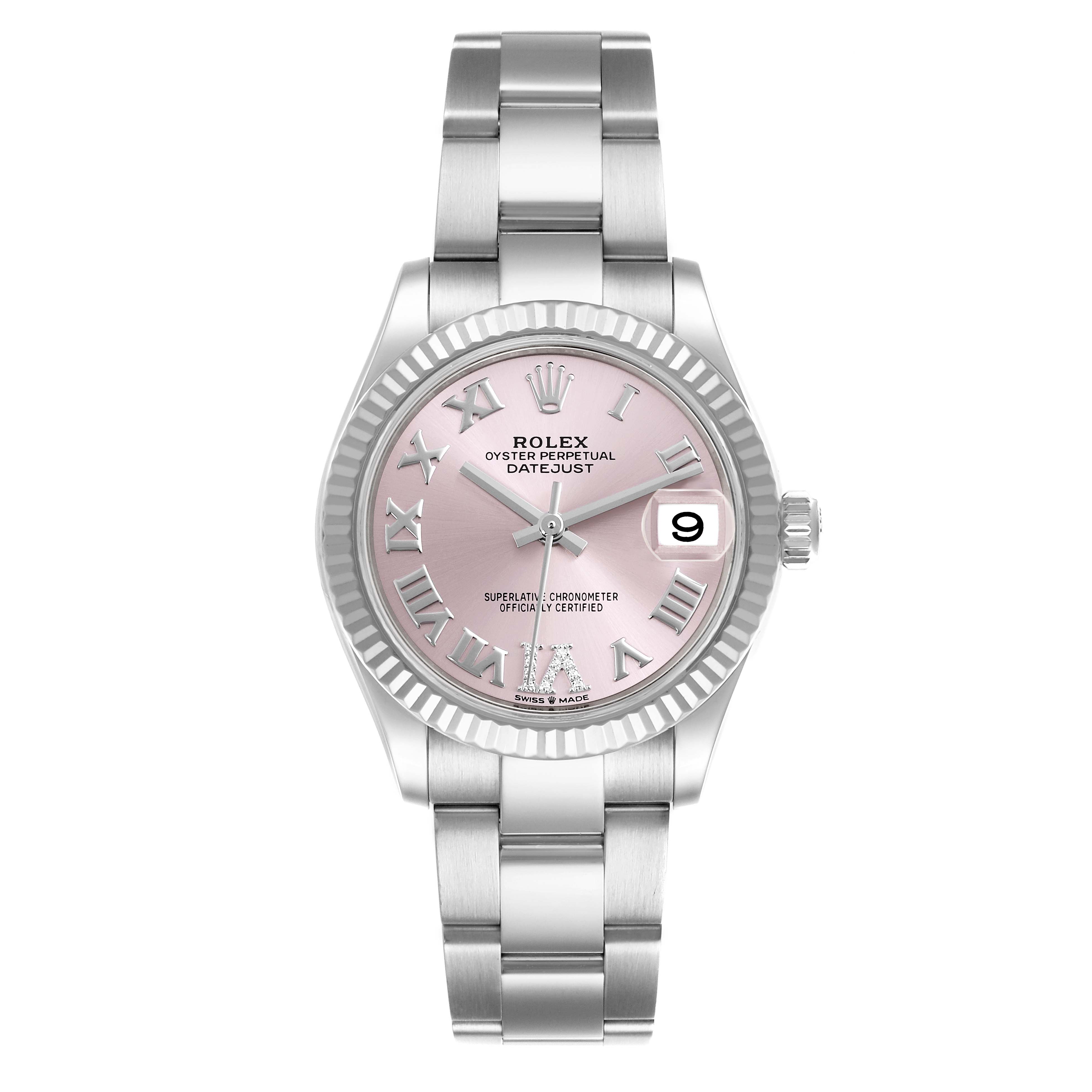 The Rolex Mid-Size 278274 Women's Stainless Steel Pink Dial 278274 Women's Stainless Steel Pink Dial watch is shown from a front angle, displaying its face, bracelet, and fluted bezel.