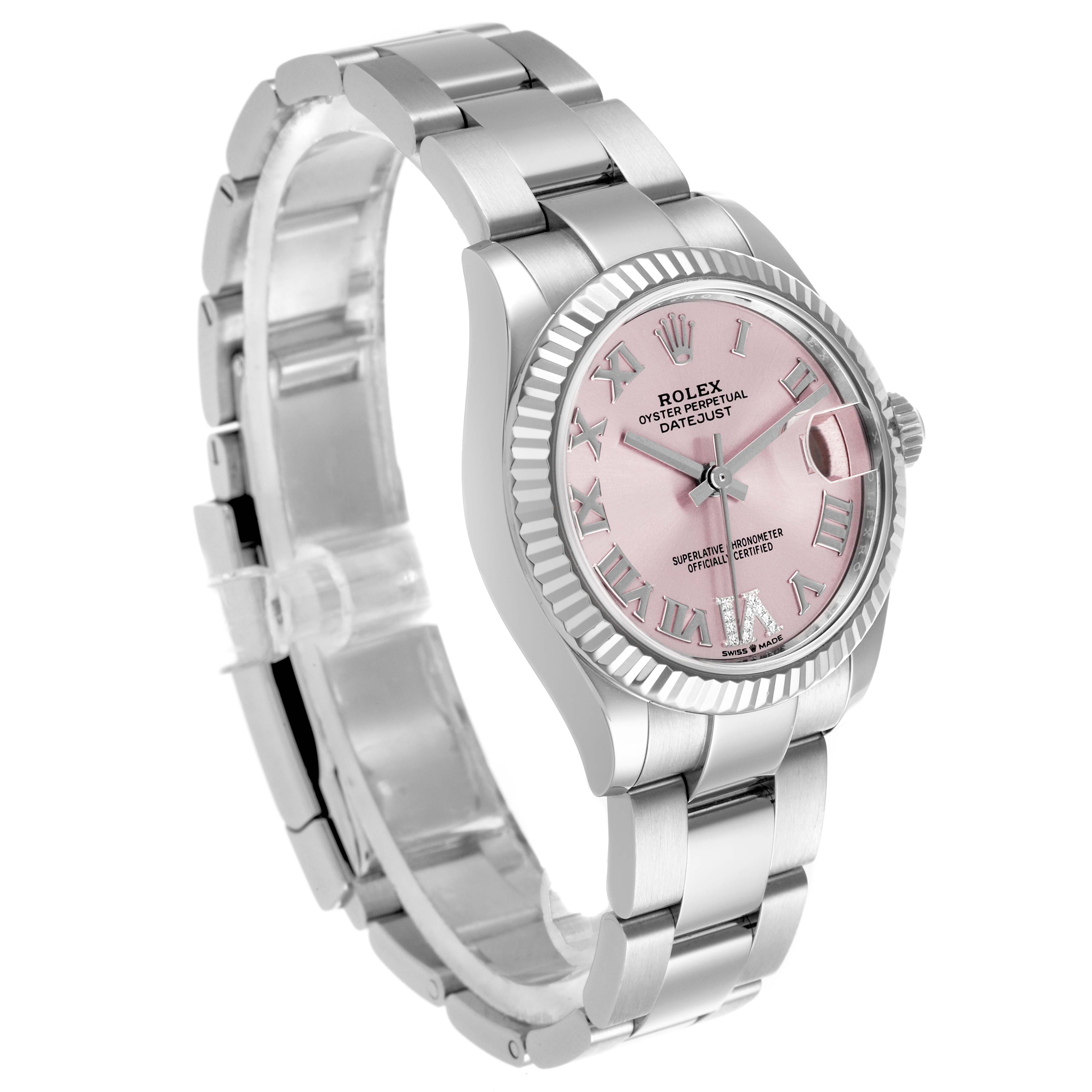 The Rolex Datejust Mid-Size is shown at a slight angle, highlighting the dial, bezel, and bracelet.