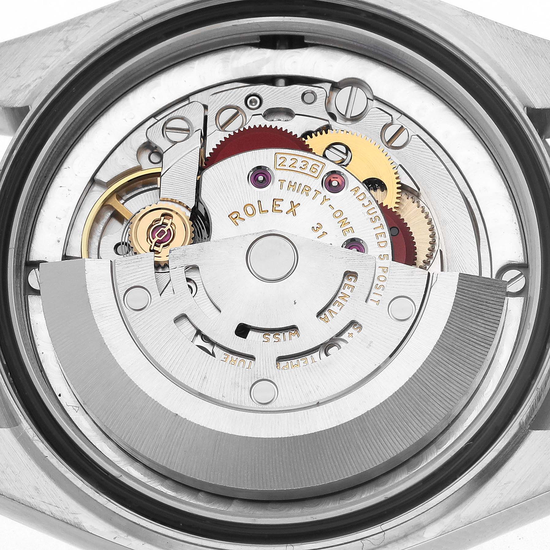 This image shows the movement mechanism of a Rolex Mid-Size 278274 Women's Stainless Steel Pink Dial 278274 Women's Stainless Steel Pink Dial watch from the back.